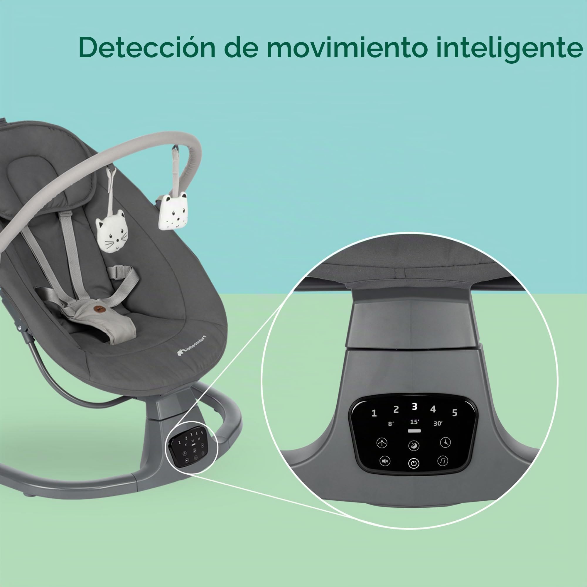 Bebeconfort Jolana - Columpio eléctrico para bebé, 0-6 meses (9 kg), detección automática de movimiento, 12 canciones de hollín, 5 sonidos naturales, respaldo ajustable, 2 posiciones reclinables