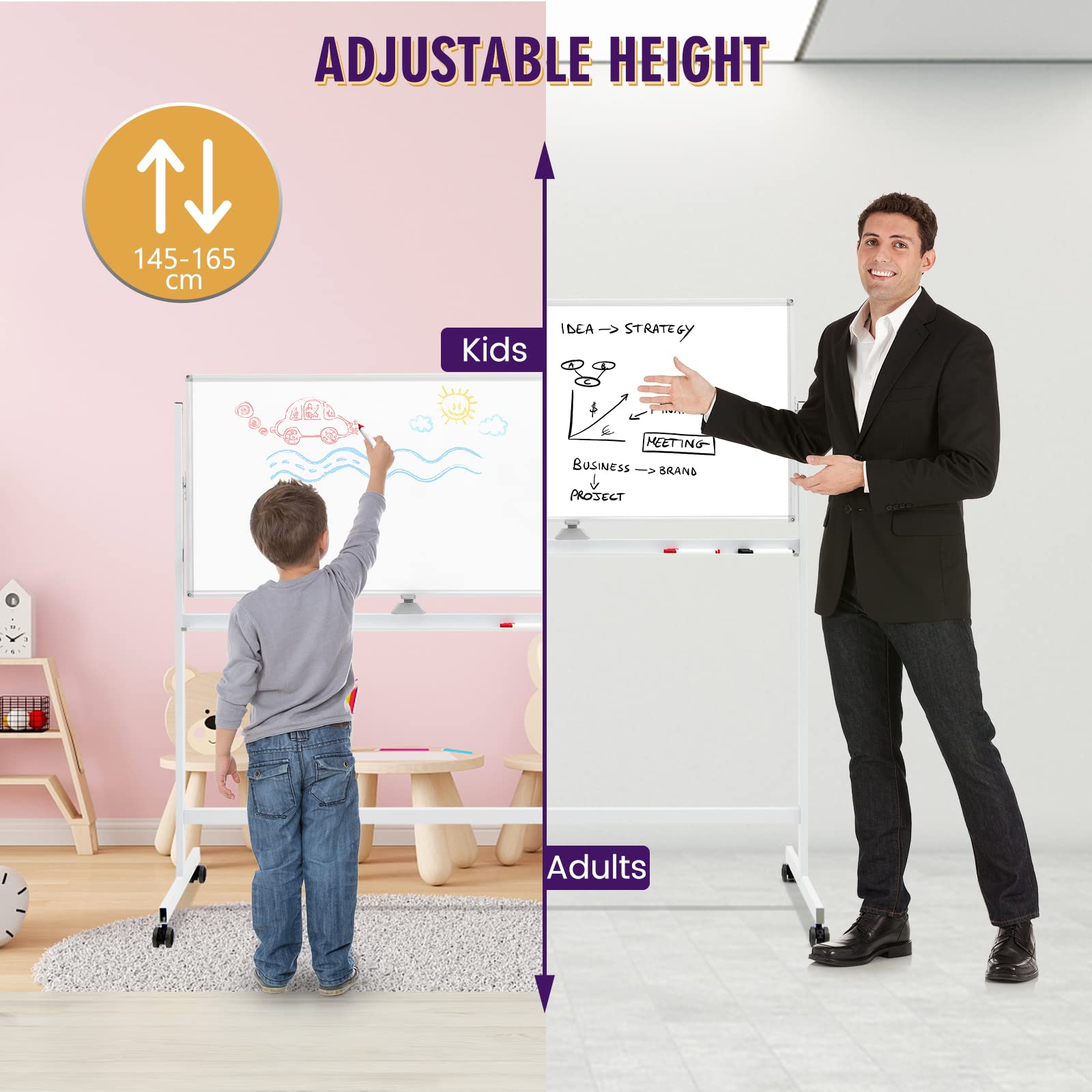 GIANTEX 120 x 60 cm Pizarra Magnética de Doble cara con Ruedas, Altura Regulable en 360° con 6 Marcadores, 12 Imanes y 1 Borrador, Pizarra Reversible para Oficina, Hogar, Escuela (Blanco)