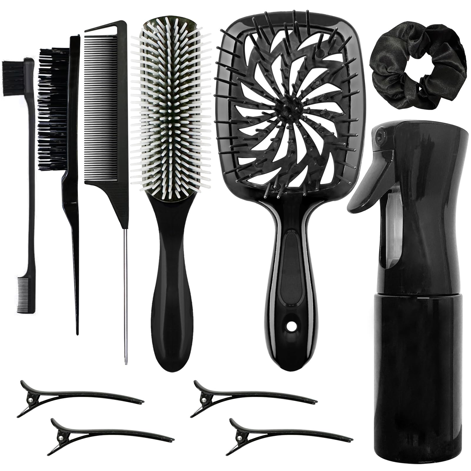 11-Piece Hair Brush Set with Detangling Brush and Hair Spray Bottle, Black | Complete styling kit for women and kids with curly, thick or natural hair; suitable for wet or dry detangling and styling.