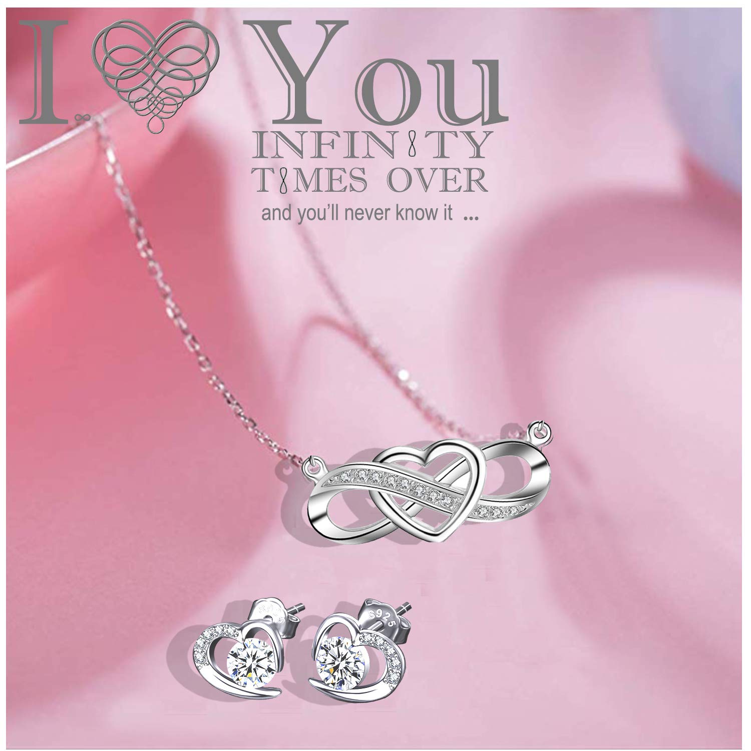 Parure Gioielli per Donna Ragazze, Argento 925, Collana e Orecchini Set Infinito Cuore, Regalo Natale Compleanno Festa Della Mamma