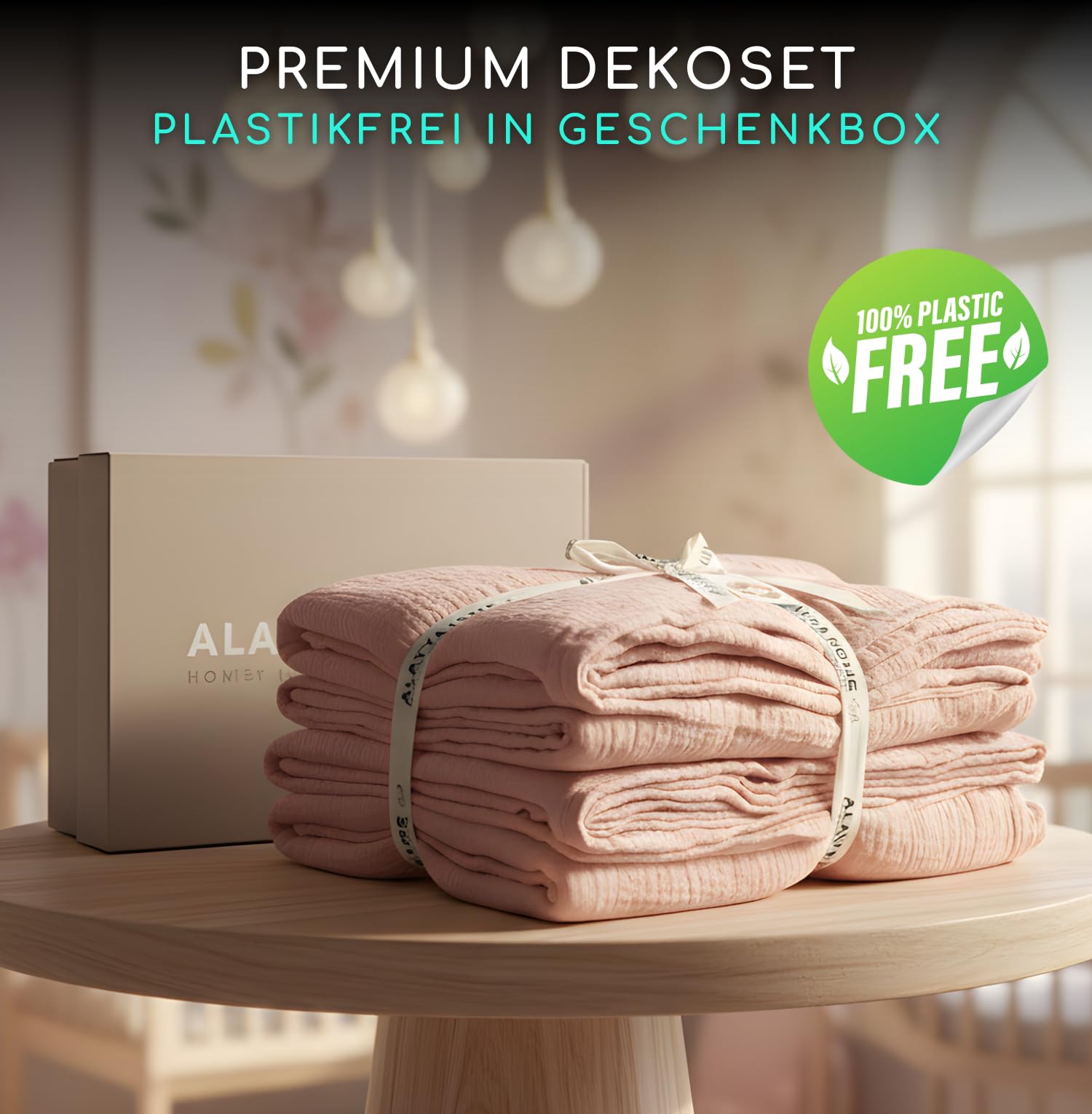ALAVYA HOME® Set di 3 decorazioni per letto di casa, con 2 baldacchini, 1 bandierine, lunghezza 300 cm, per lettino, cameretta dei bambini, 100% mussola biologica, certificato GOTS, 125 x 350 cm, rosa