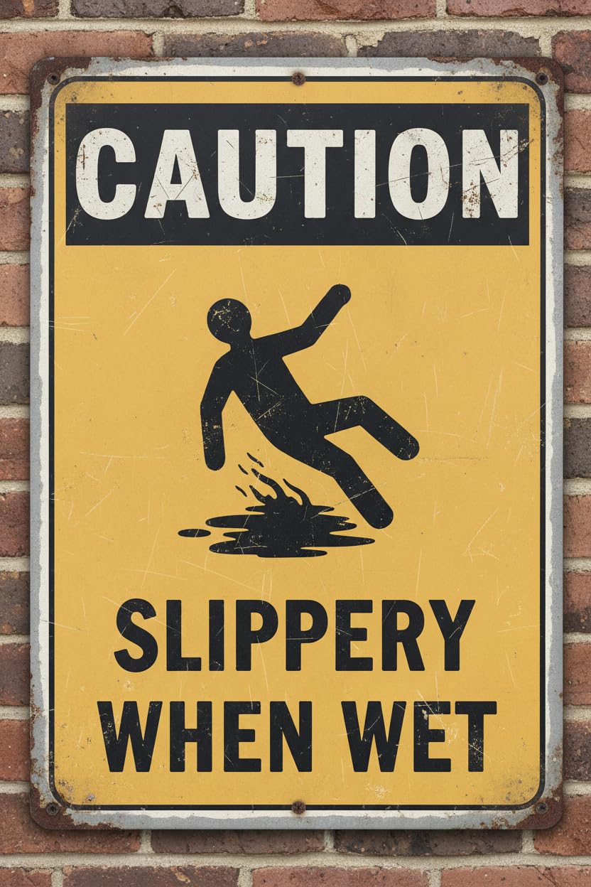 Caution Slippery When Wet Tin Sign, 8x12 Inch