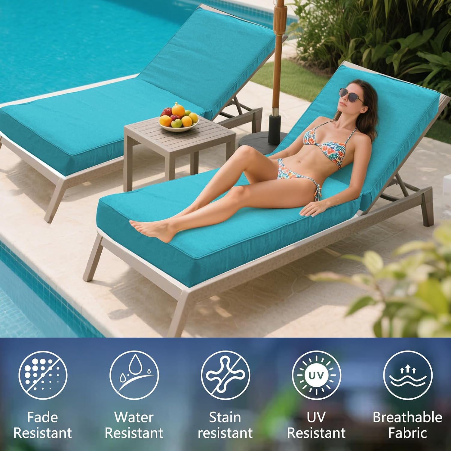 Outdoor Chaise Lounge Cushion 80"x26"x6", Waterproof 6" Extra Thickness Lounge Cushion with Removable Cover, Patio Lounge Chair Cushions for Outdoor Furniture, Lake Blue