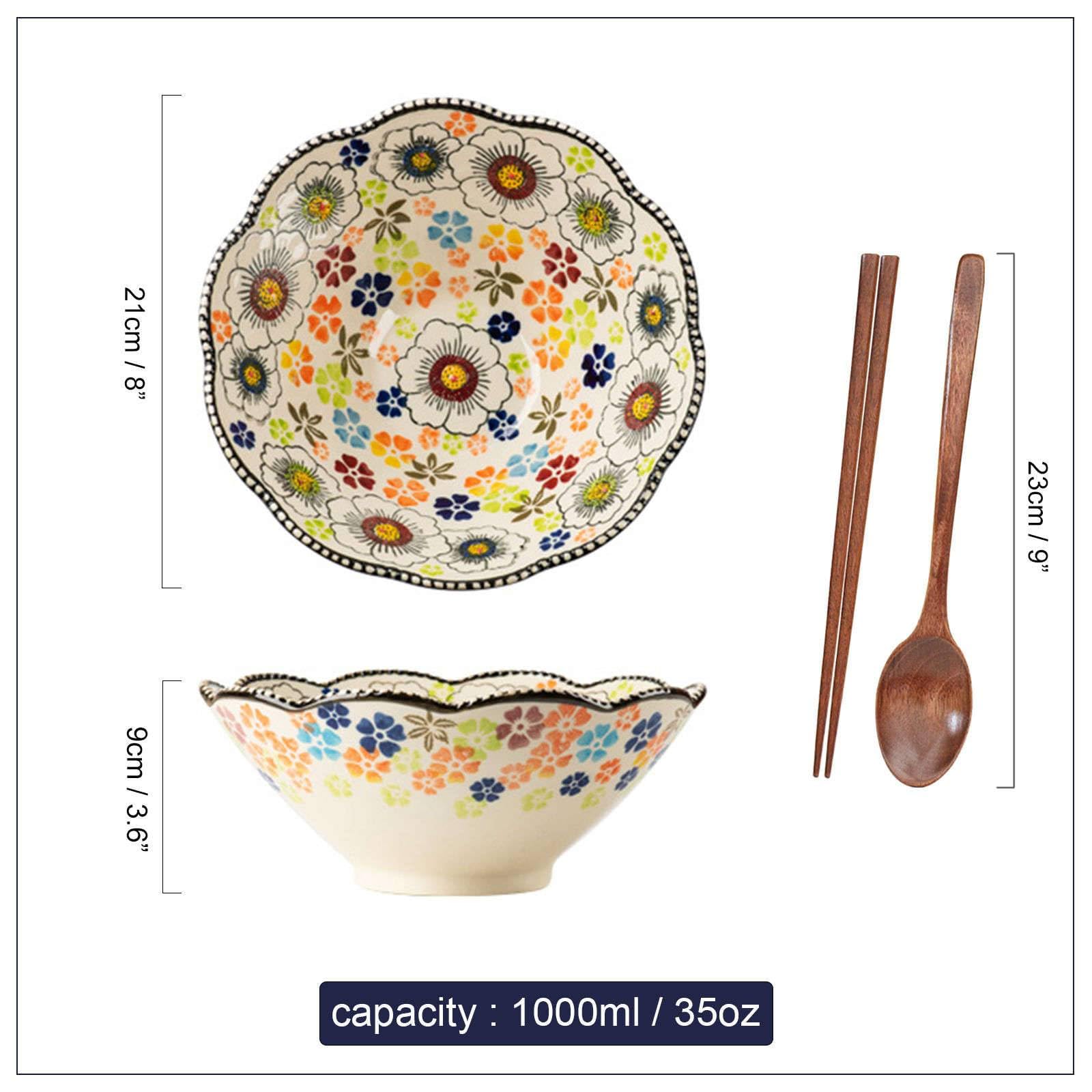 Keramik-Nudelschale, Keramik-Instant-Nudelschüssel, Ramen-Schüssel 2er-Set, Keramik-Ramen-Schüssel, große Suppenschüsseln-Blau und Blumen-8 Zoll(Yellow)