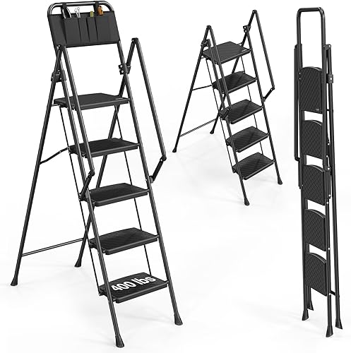 LUISLADDERS Escalera de 5 escalones con barandillas, taburete plegable con pedal antideslizante ampliado, escalera ligera de 500 libras, plegable en