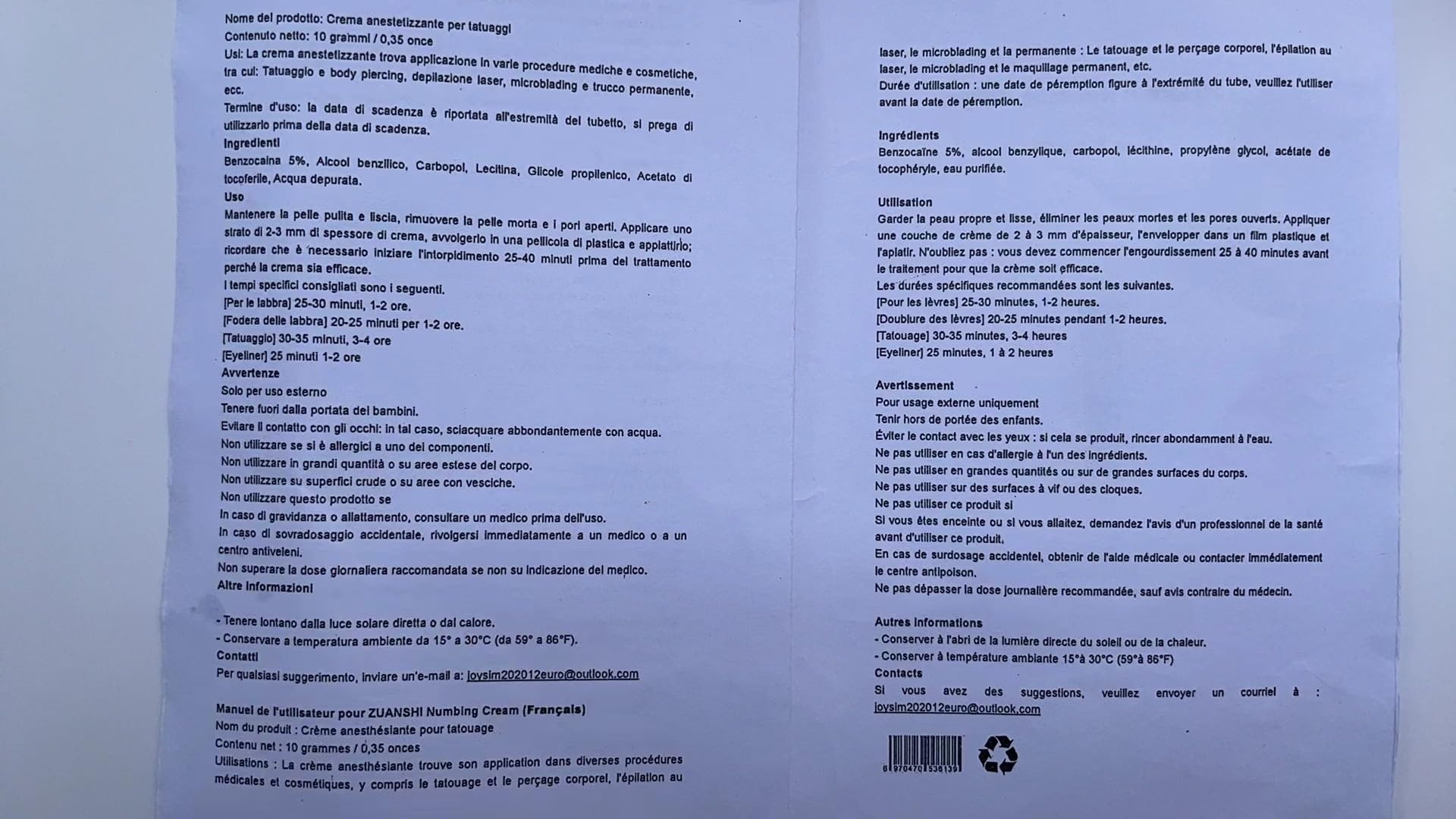 Krema na tatuaż, Krem znieczulający do tatuaży, 10 g na tubkę