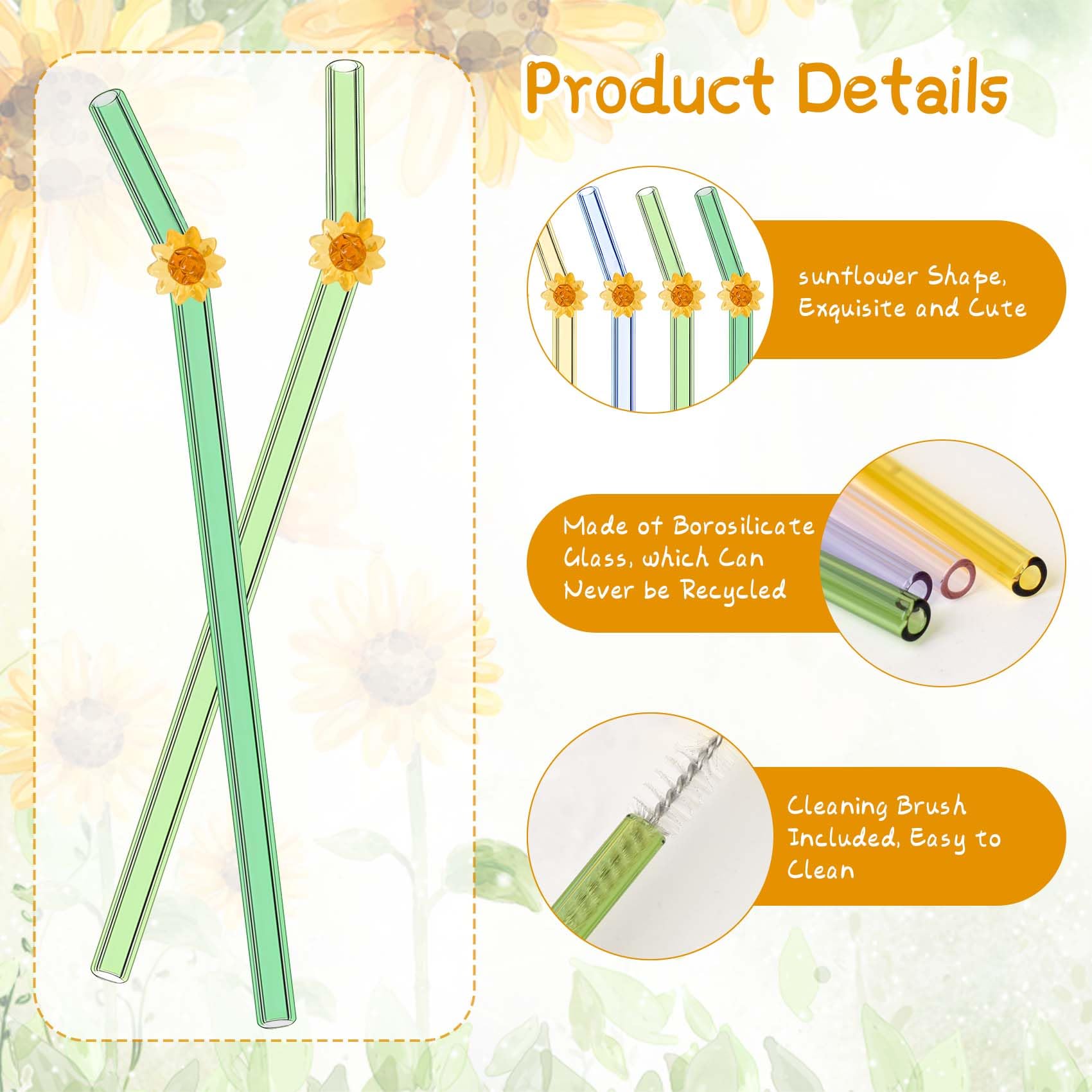 Eremaoy 6-Piece Glass Straws Set, Colorful Sunflower Design, Reusable with 2 Cleaning Brushes, Ideal for Coffee Milkshakes - Image 3