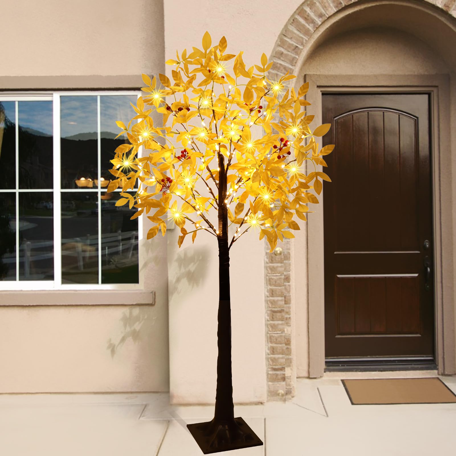 5FT Lighted Artificial Maple Tree, 105 LED Warm White Tree Decor Home Indoor Outdoor, Light Up Valentines Day House Corner Garden Patio Yard Dinner Party Decoration, Lifelike Leaves and Red Fruits