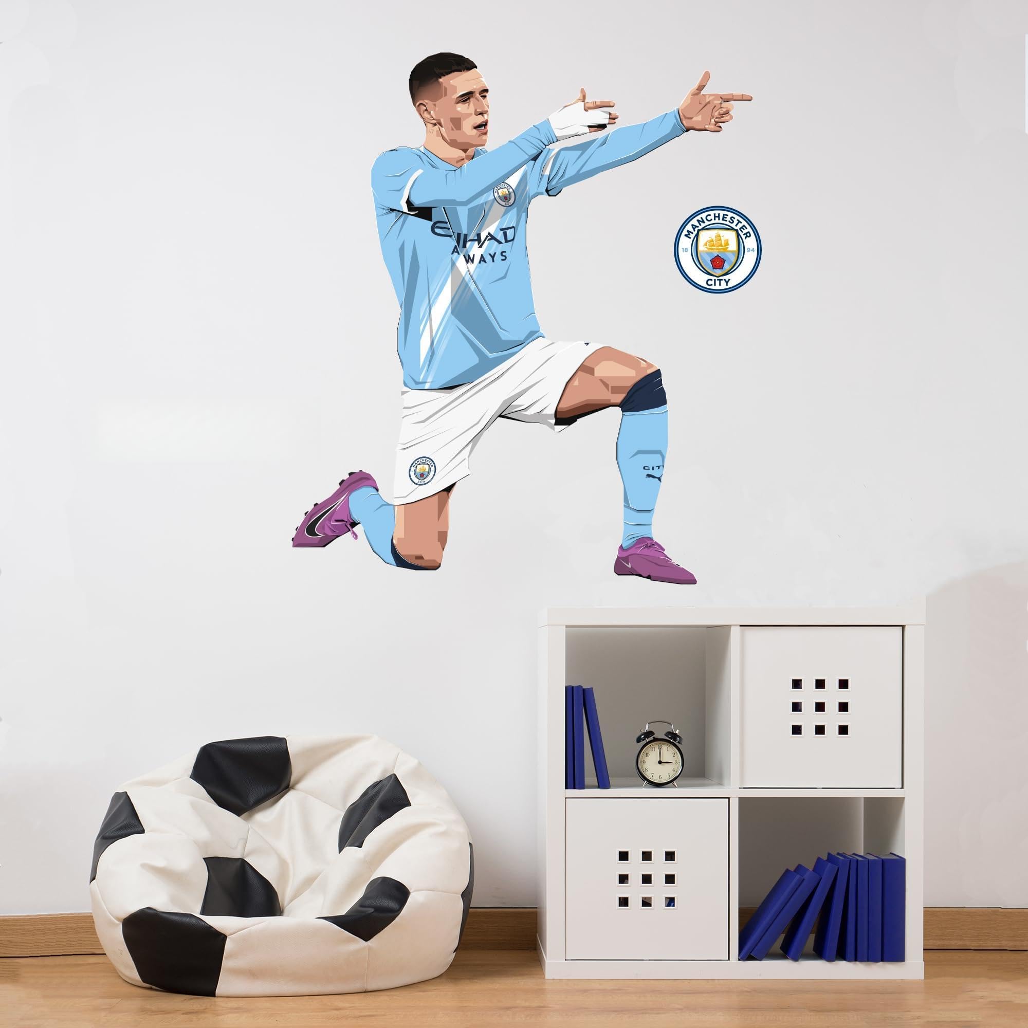 Themed Blue Official Manchester City - Phil Foden 25-26 Illustration Wall Sticker + Decal Set (90Cm Height X 50Cm Width)
