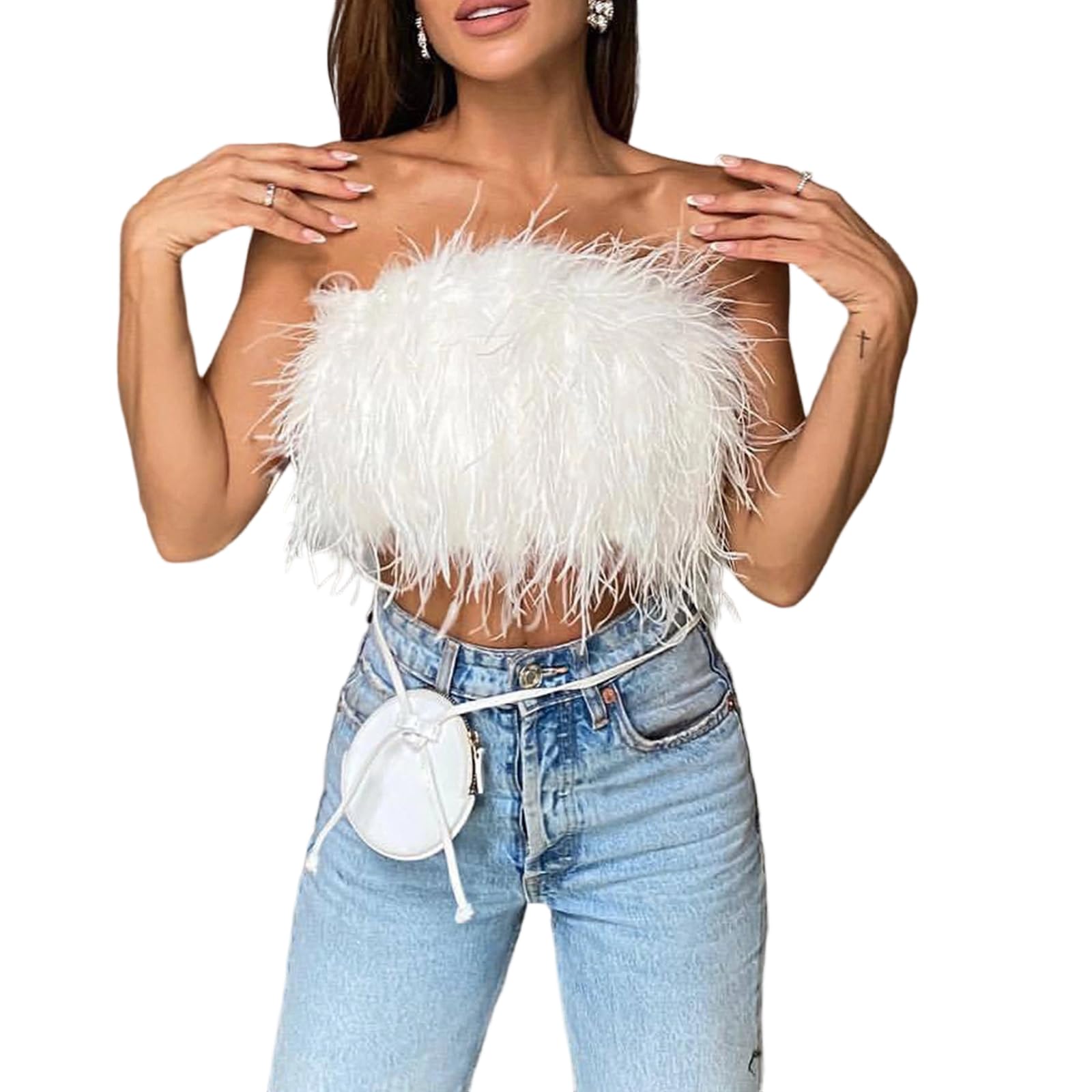 Gissroys Unisex White Women Faux Furs Feathered Crop Tops Strapless Bandeau Tube Top Plush Aesthetic Cami Vest Tanks Clubwear Plush Cami Vest Tank