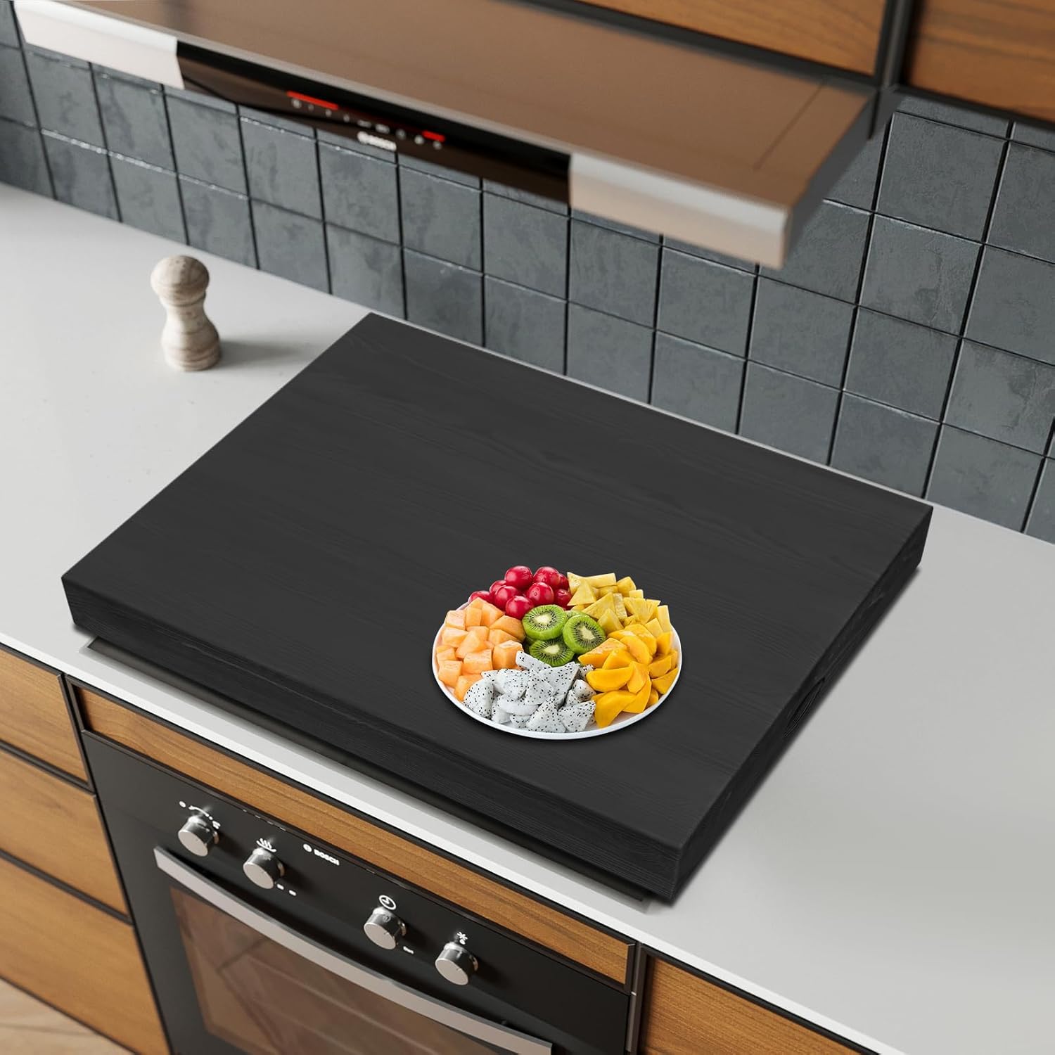 Wood Noodle Board Stove Cover Gas Stove Cooktop Cover Multi-functional Cutting Board Electric Stove Burner Covers for Kitchen, 30 * 22in (Black)