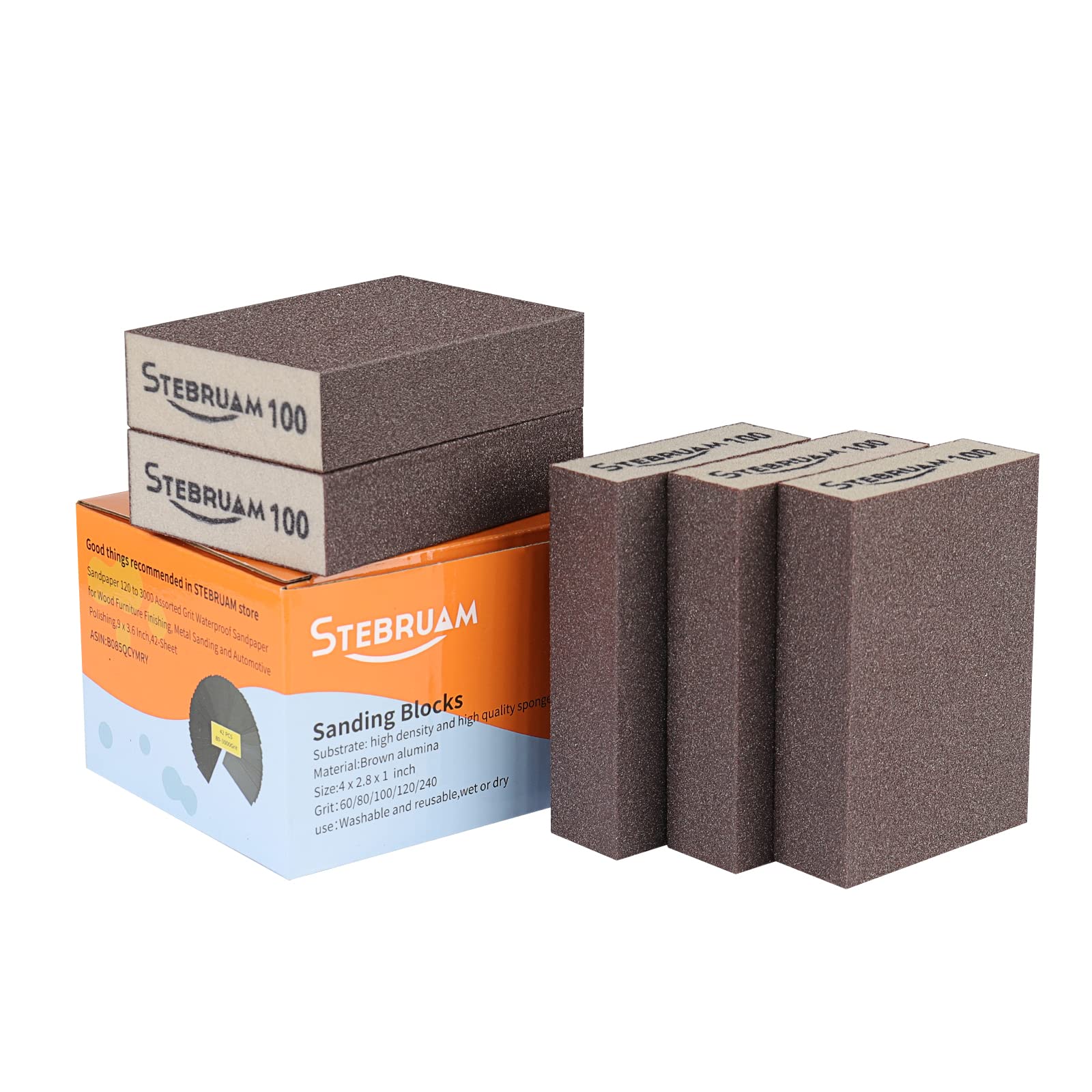 Stebruam Brown 5 Pieces Sanding Sponges,Coarse And Fine Sanding Blocks -100 Grits Specifications Sanding Pads,Sand Sponge Washable And Reusable,Sand Paper Pack For Metal Wood And Wall
