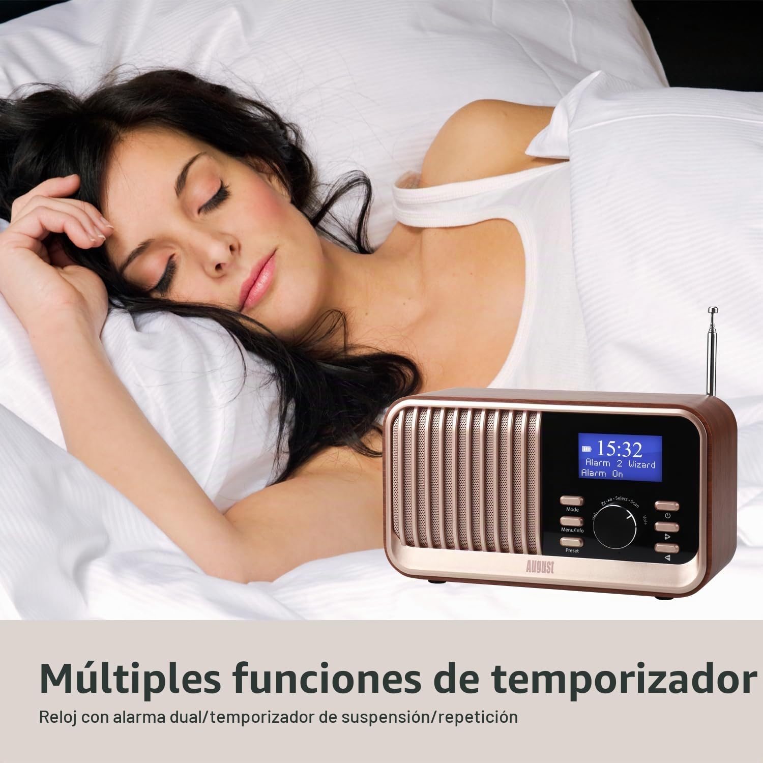August MB450K Radio FM Dab+ Recargable Reloj Despertador Doble, Radio portátil Retro con 60 presintonías, Altavoz Bluetooth 5.3, USB/AUX/MicroSD, batería hasta 18 Horas y Mando a Distancia - Roble