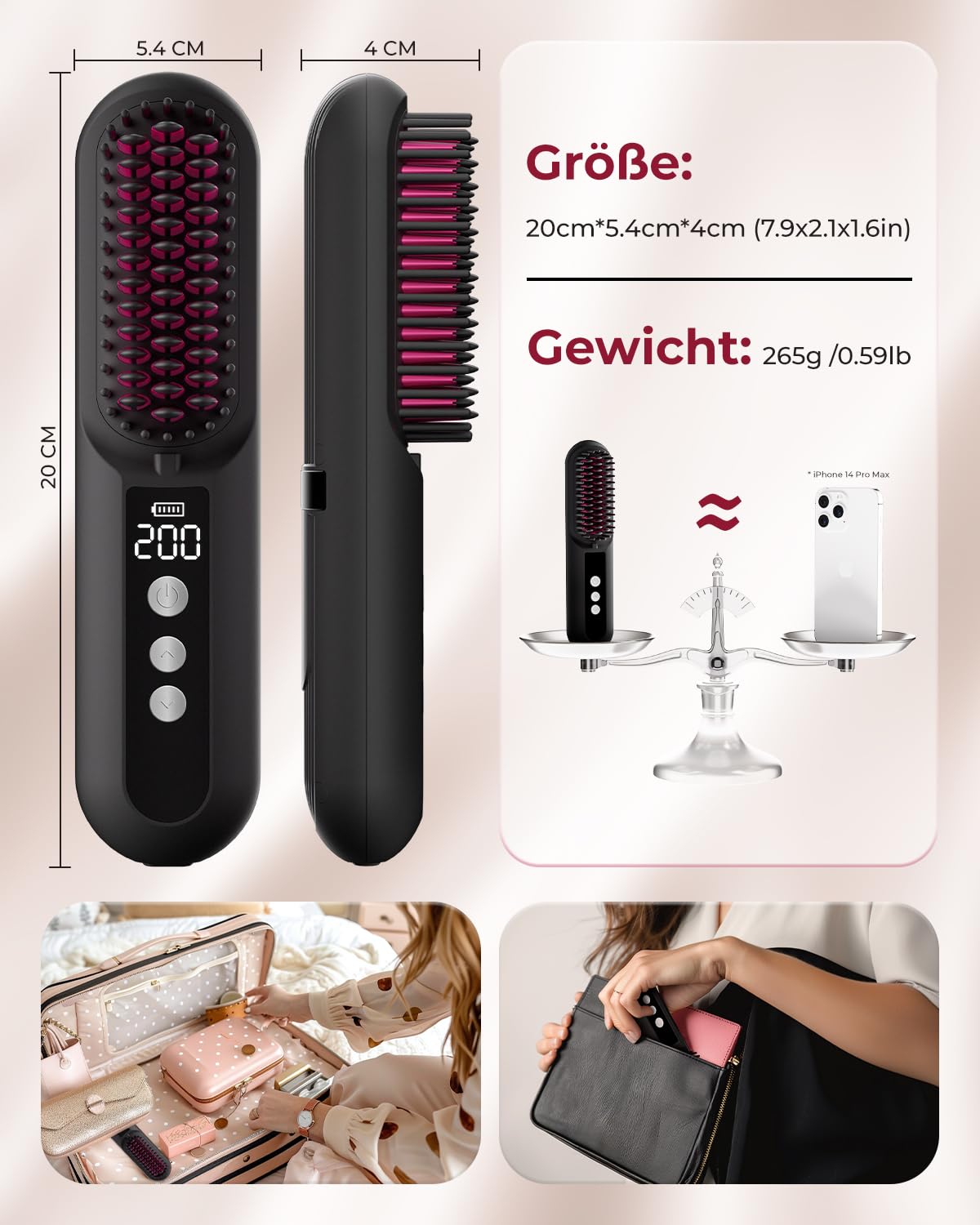 CARER SPARK Glättbürste kabellos, Tragbare Mini-Haarbürste für Reisen mit Millionen negativer Ionen ultra-langer Arbeitszeit von 80 Minuten 9 Temperaturstufen 150°C - 230°C