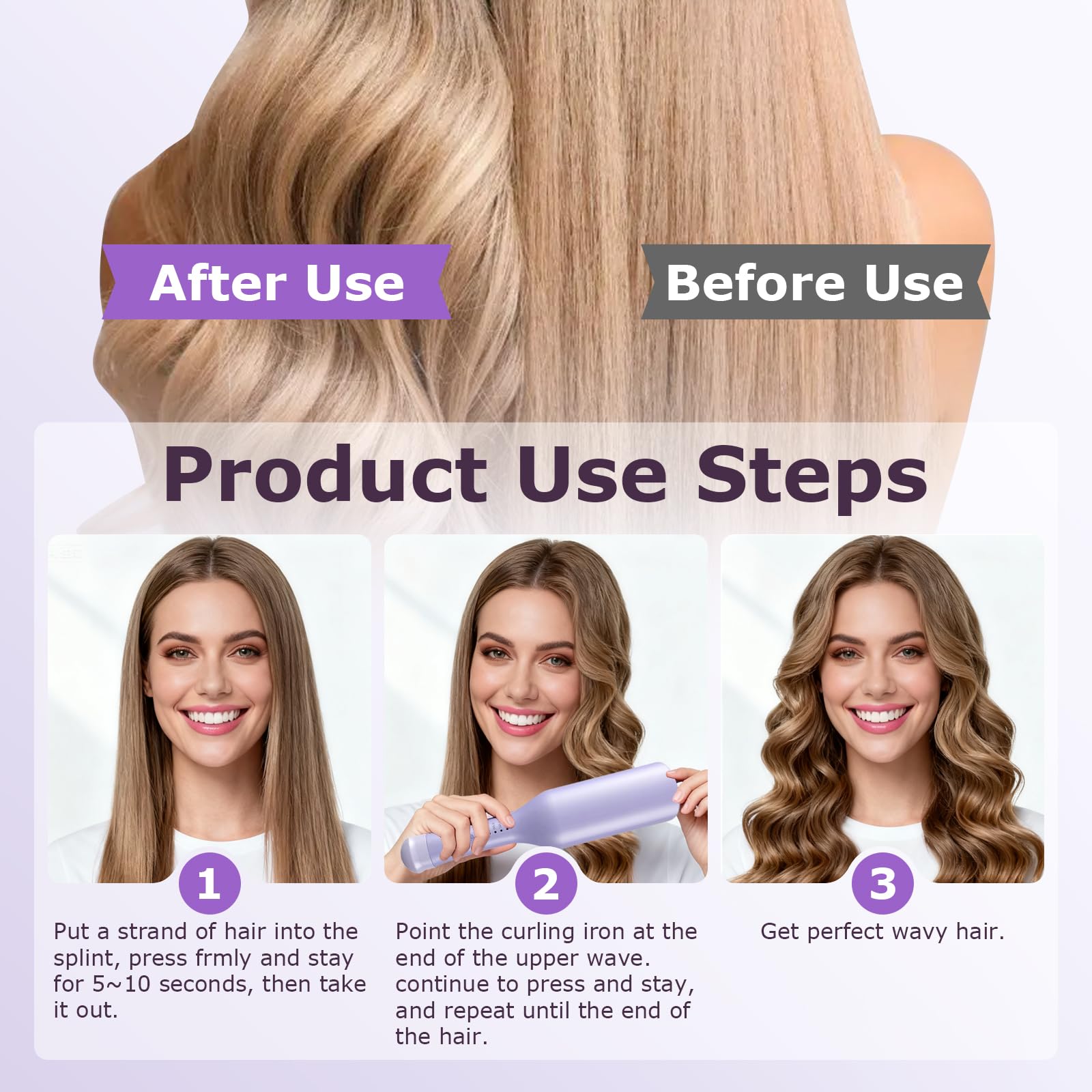 Rizador de Pelo, 32mm Rizador Pelo Ondas, 2 Barriles Ondulador de Pelo Iónico, 5 Temperatura Ajustable, Anti-Escaldaduras Rizador Francés, Plancha Ondas para Grandes Rizos (Morado)