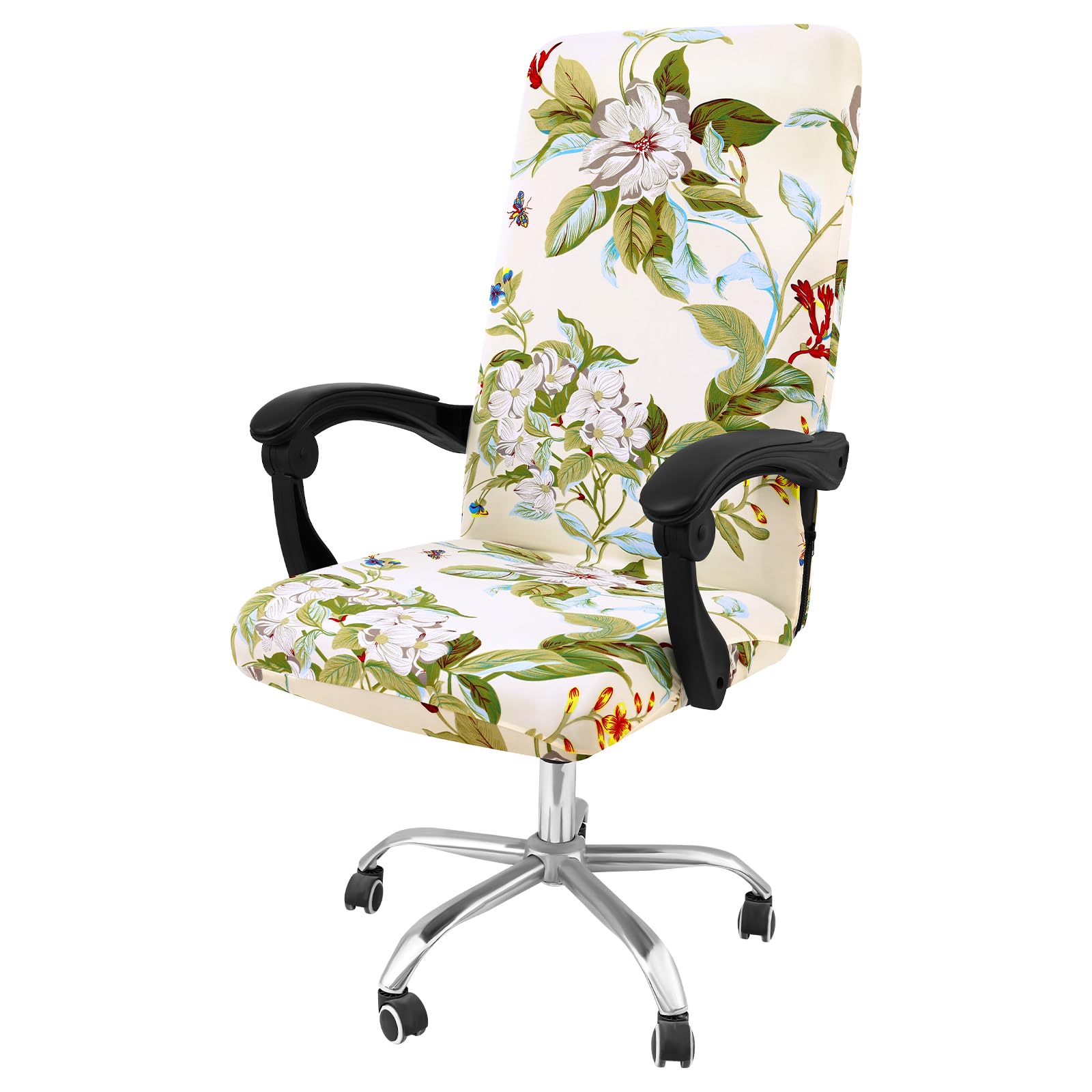 Smiry Stretch Printed Office Computer Chair Covers, Universal Desk Rotating Chair Slipcovers Removable Washable, Soft Fit Anti-Dust Spandex Protector Cover with Zipper, Beige and Green
