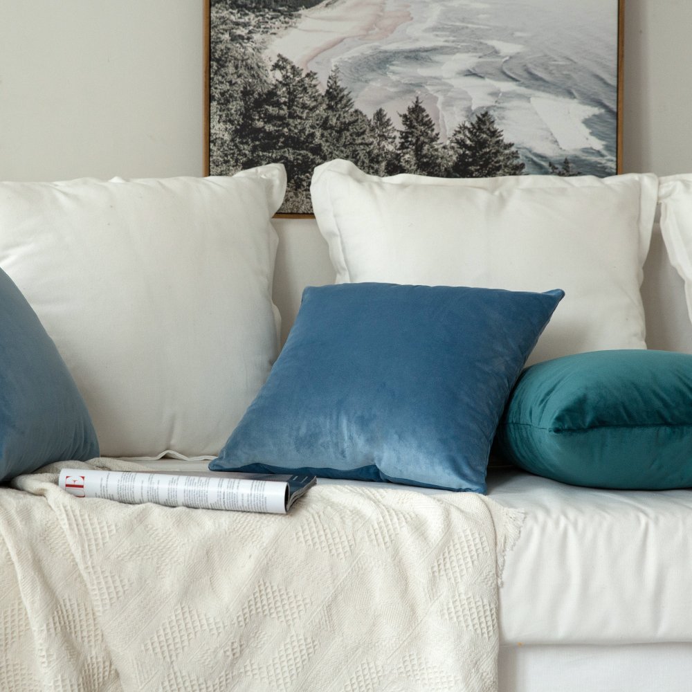 Fodera Per Cuscino 50x50 Cm In Velluto A Coste – Righe, Morbido, Con Cerniera Nascosta, Colore Lago Blu