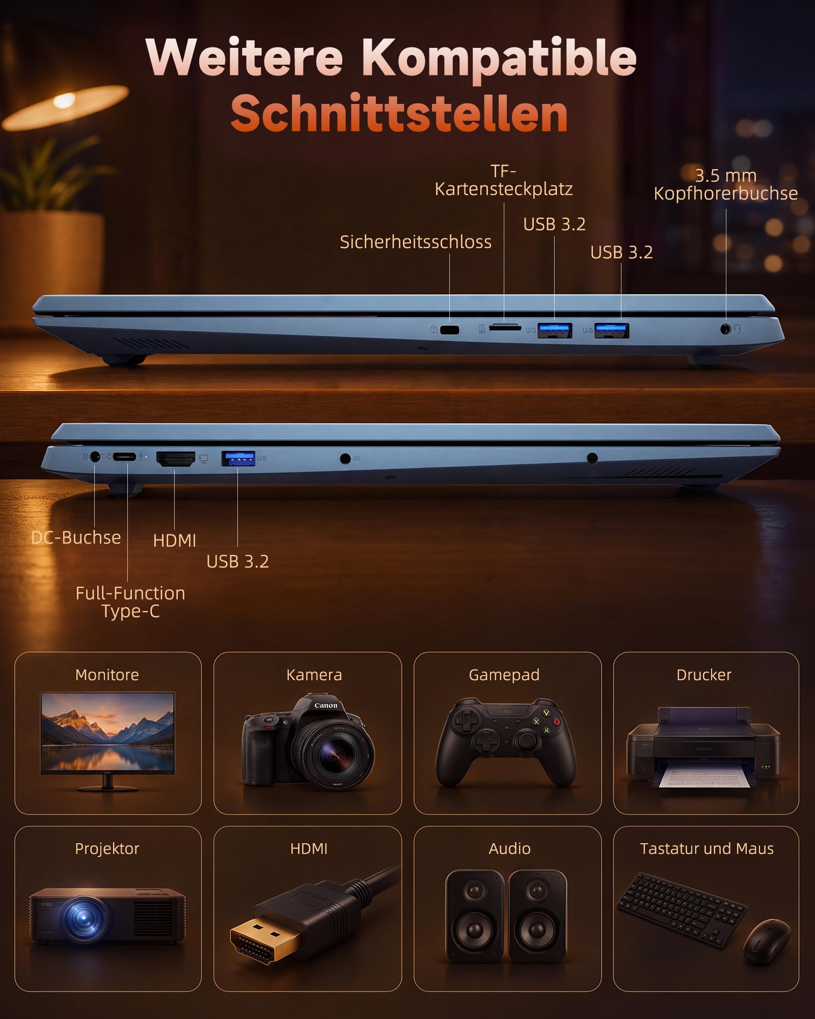Laptop 18,5 Zoll FHD Display, 16GB RAM 256GB SSD | AI-Unterstützung, WiFi 6, Vollfunktions Type-C Deutsche Tastatur Ideal für Studium, Homeoffice und Business