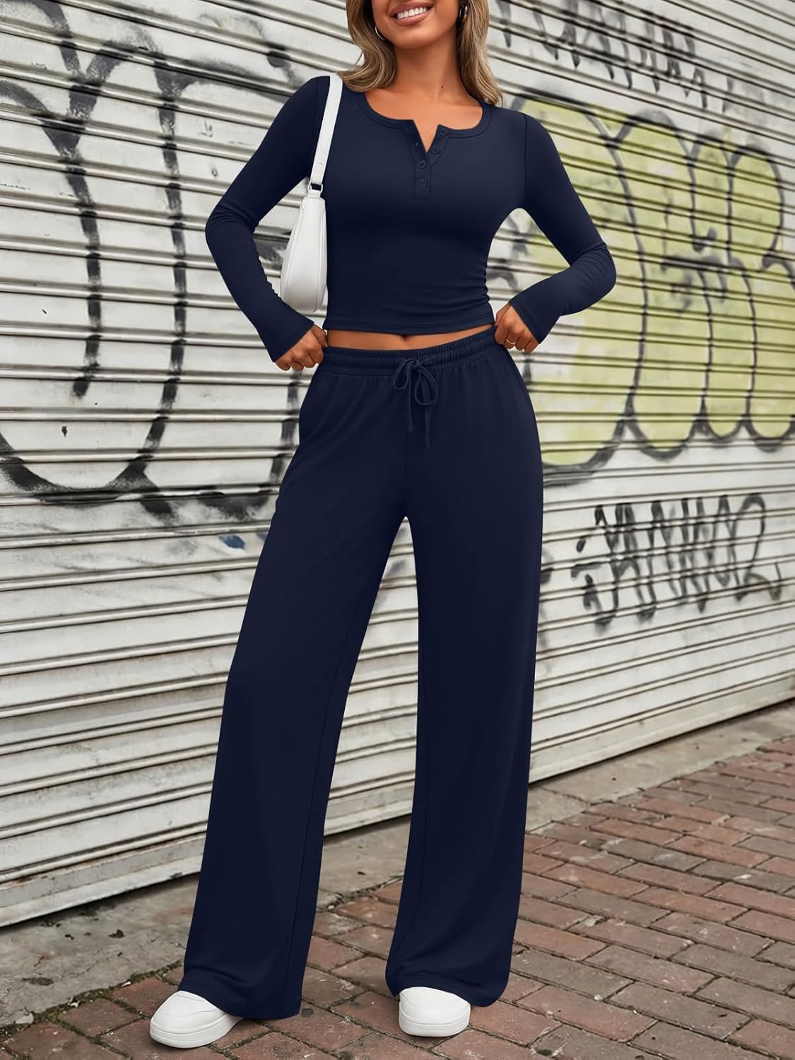 Trendy Queen Women's 2 Piece Matching Lounge Sets Long Sleeve Henley Neck Slightly Crop Top Wide Leg Pants Casual Sweat Suit - Image 6