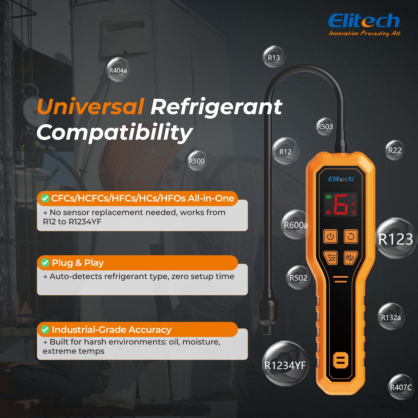 Elitech Rilevatore Perdite Gas Refrigerante Sniffer Cercafughe Freon per R32 R134A R410A R1234YF Compatibile con A2L R600A R290 CFC HCFC HFC HC HFO e Uso Automotive Condizionatori ELD-210