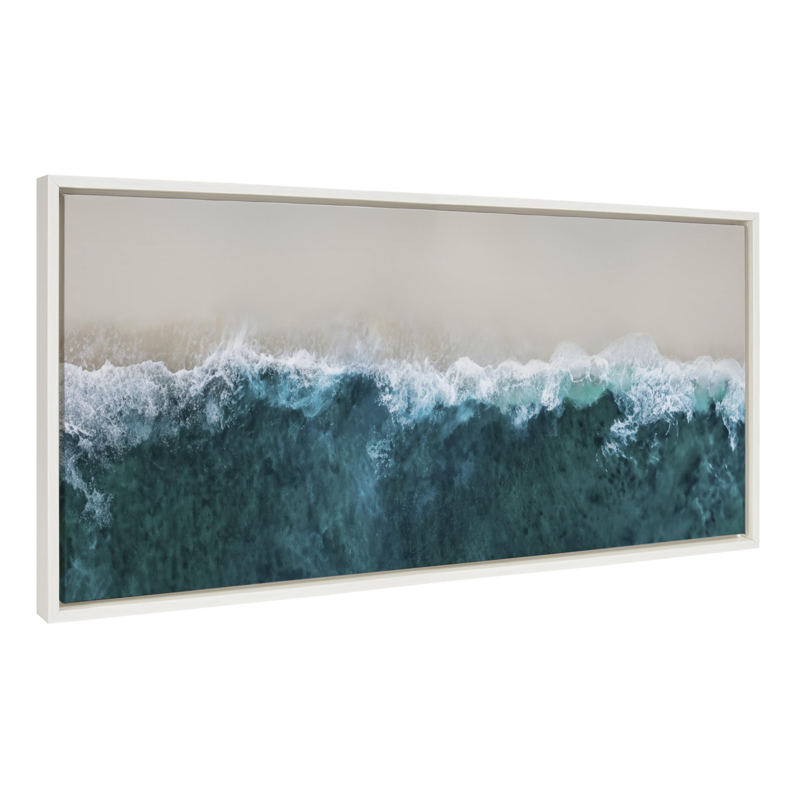 Kate and Laurel Sylvie Waves Crashing on the Beach Framed Canvas Wall Art by The Creative Bunch Studio, 18x40 White, Tropical Ocean Beach Art for Wall