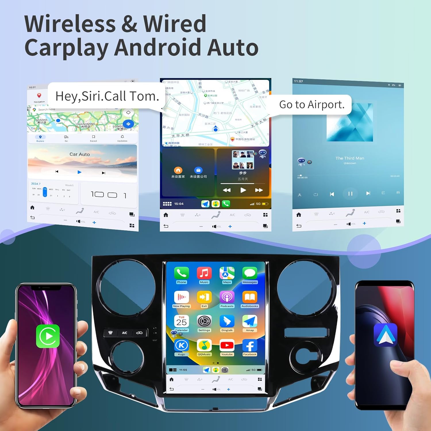 Screenshots demonstrating Apple CarPlay and Android Auto interfaces with voice commands