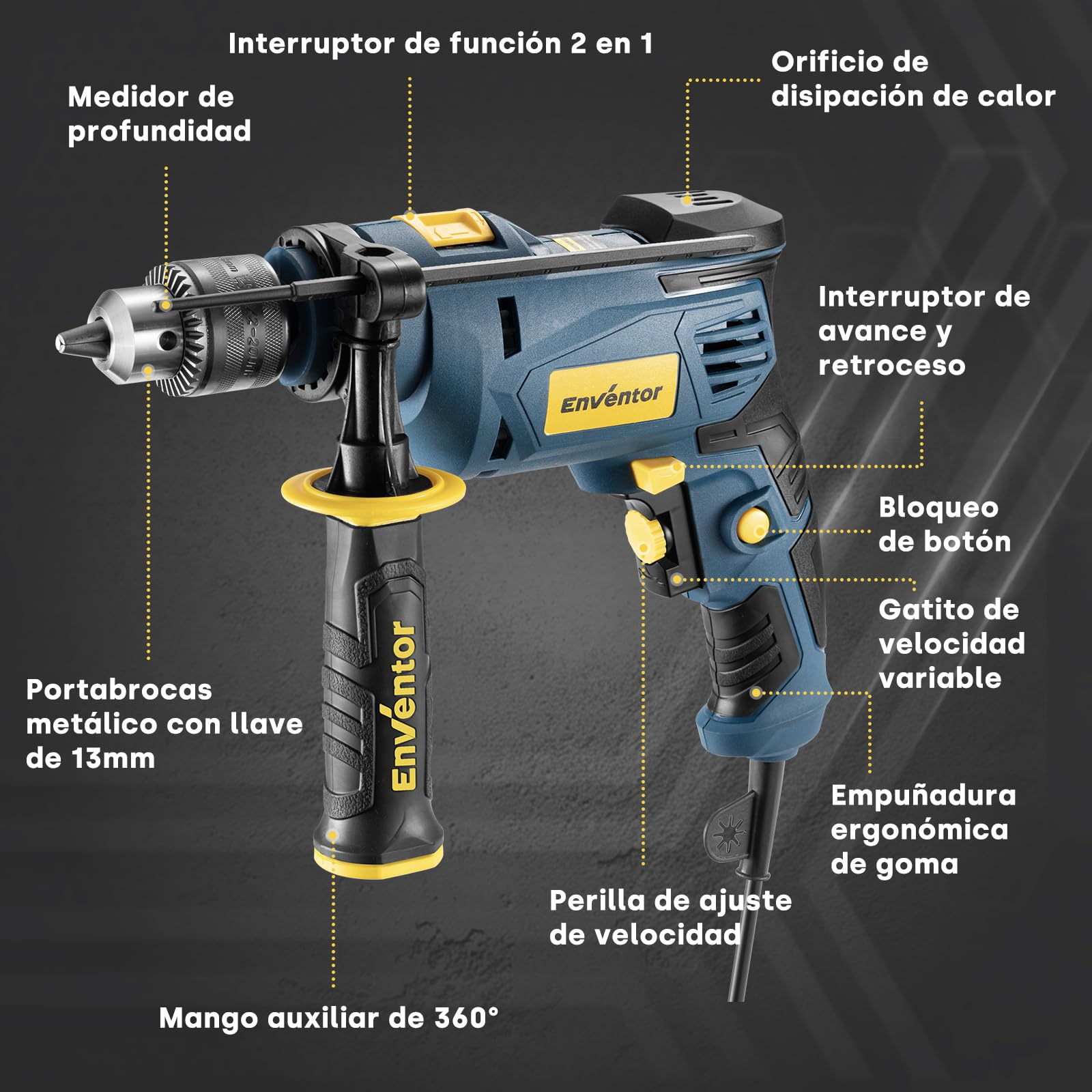 Enventor Taladro Percutor con Cable 750W, Mango Auxiliar de 360° | Función 2 en 1, Velocidad Variable 0-3100RPM, , Portabrocas de 13MM, para Concreto, Metal y Madera