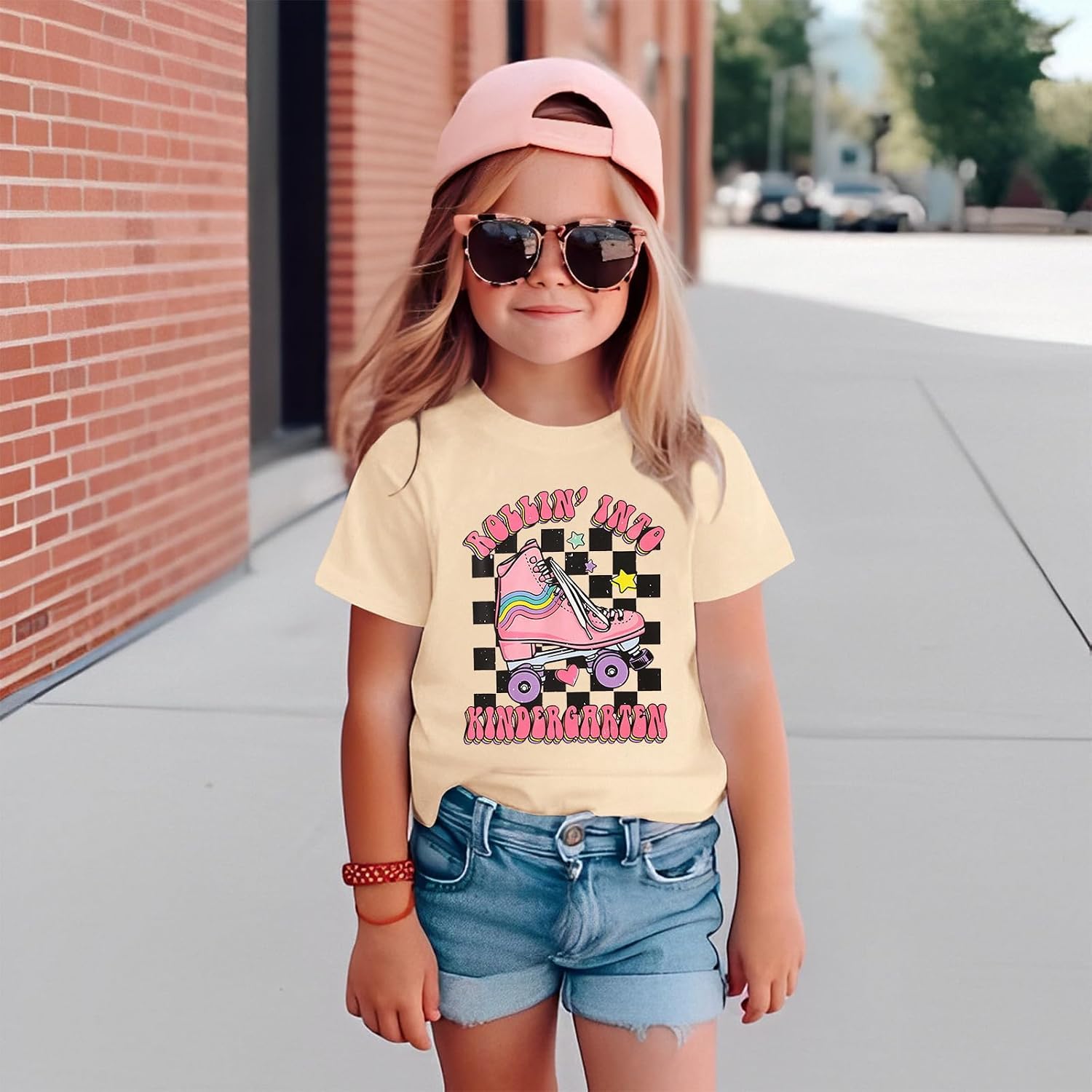 GLIGLITTR Rollin into Kindergarten Shirt for Baby Girl Roller Skate Tshirt Kids Back to School Outfit First Day of School Tee