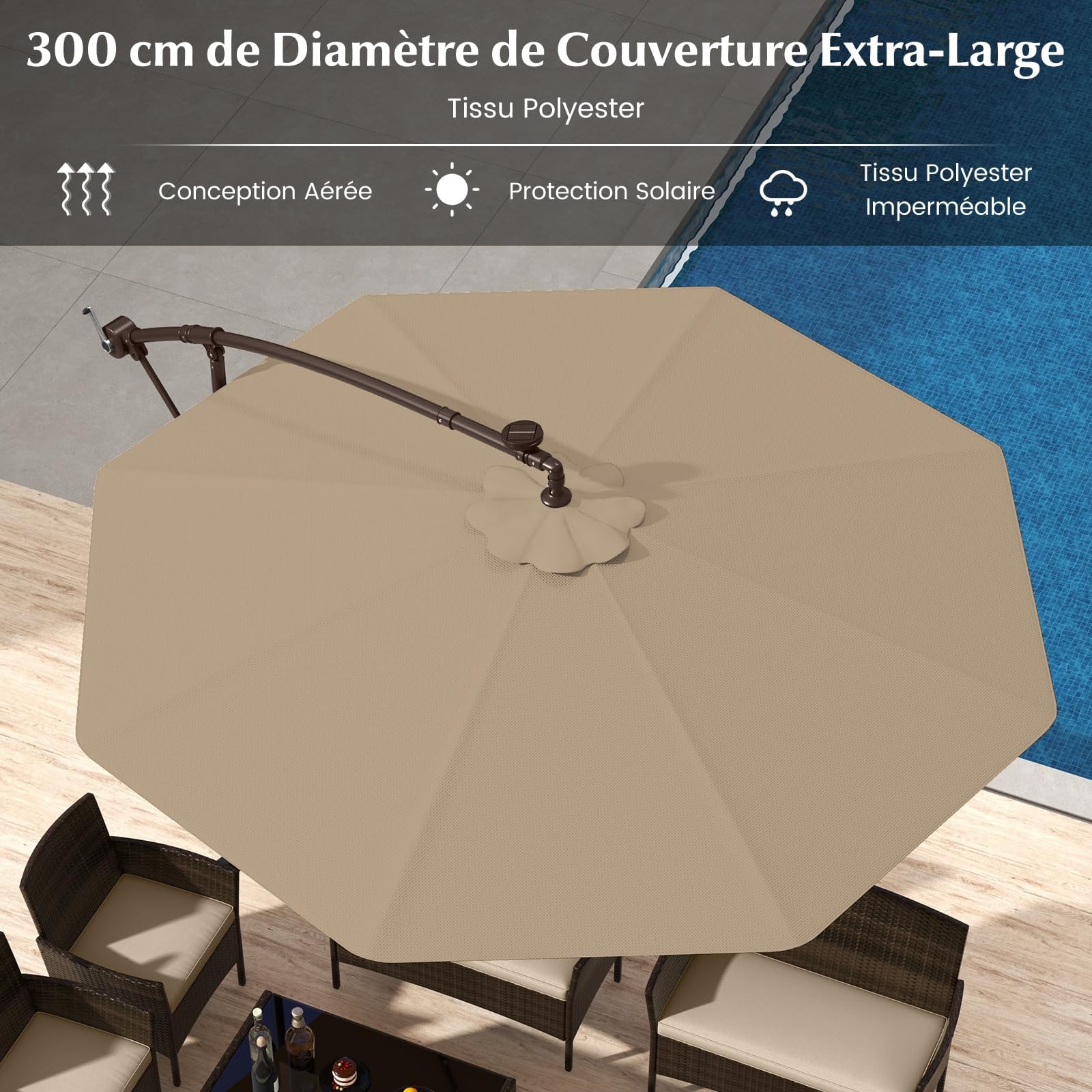 GOPLUS Parasol de Jardin Extérieur avec Pied, 3M Grand Parasol Déporté Inclinable, avec 8 Baleines 32 Lampes Solaires, pour Terrasse Plage Cour (Café)