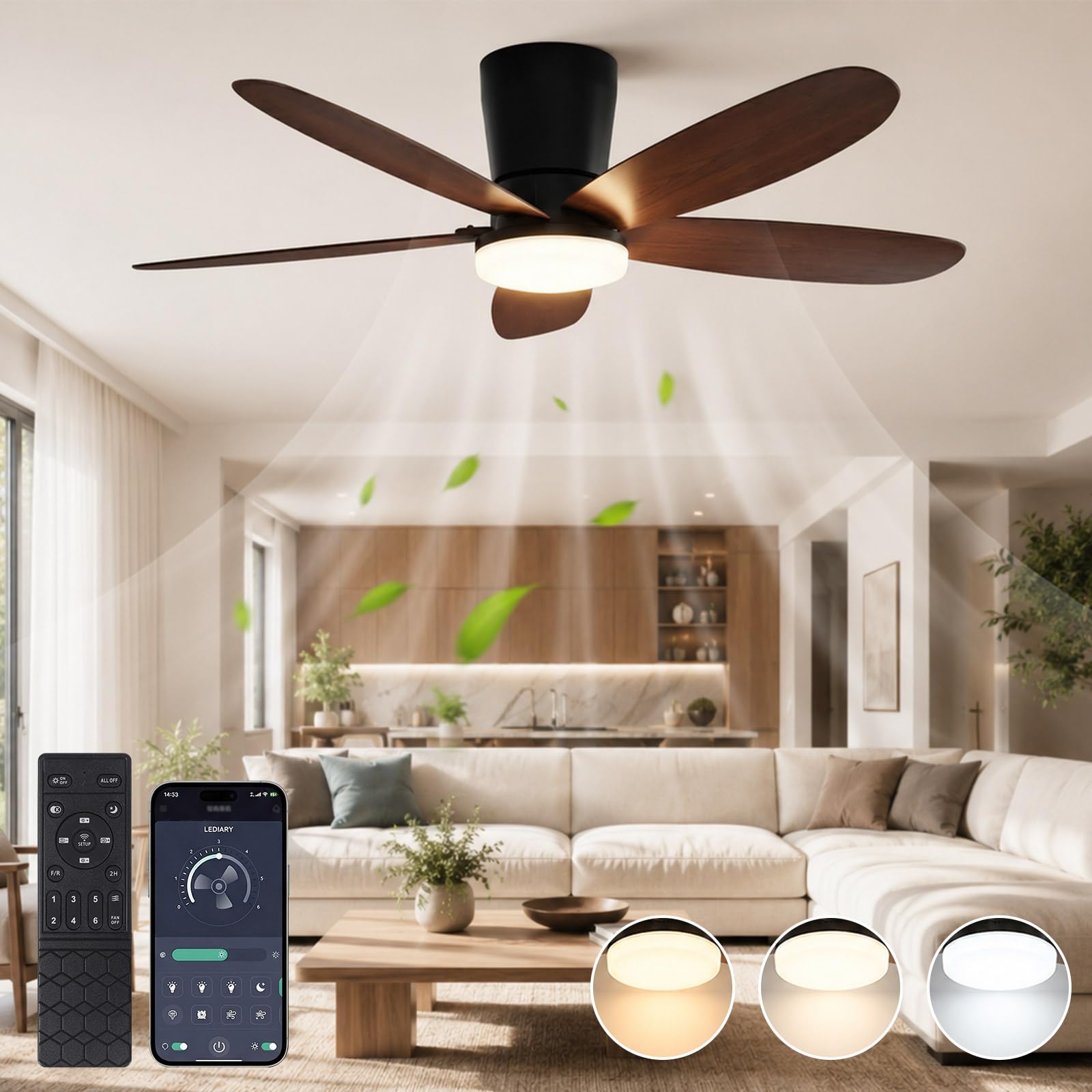 Deckenventilator mit Beleuchtung & Fernbedienung, App-Steuerung 107 cm Deckenventilator Leise mit DC Motor, Dimmbare LED in 3 Farben, 6 Geschwindigkeiten, Reversibel für Schlafzimmer & Wohnzimmer