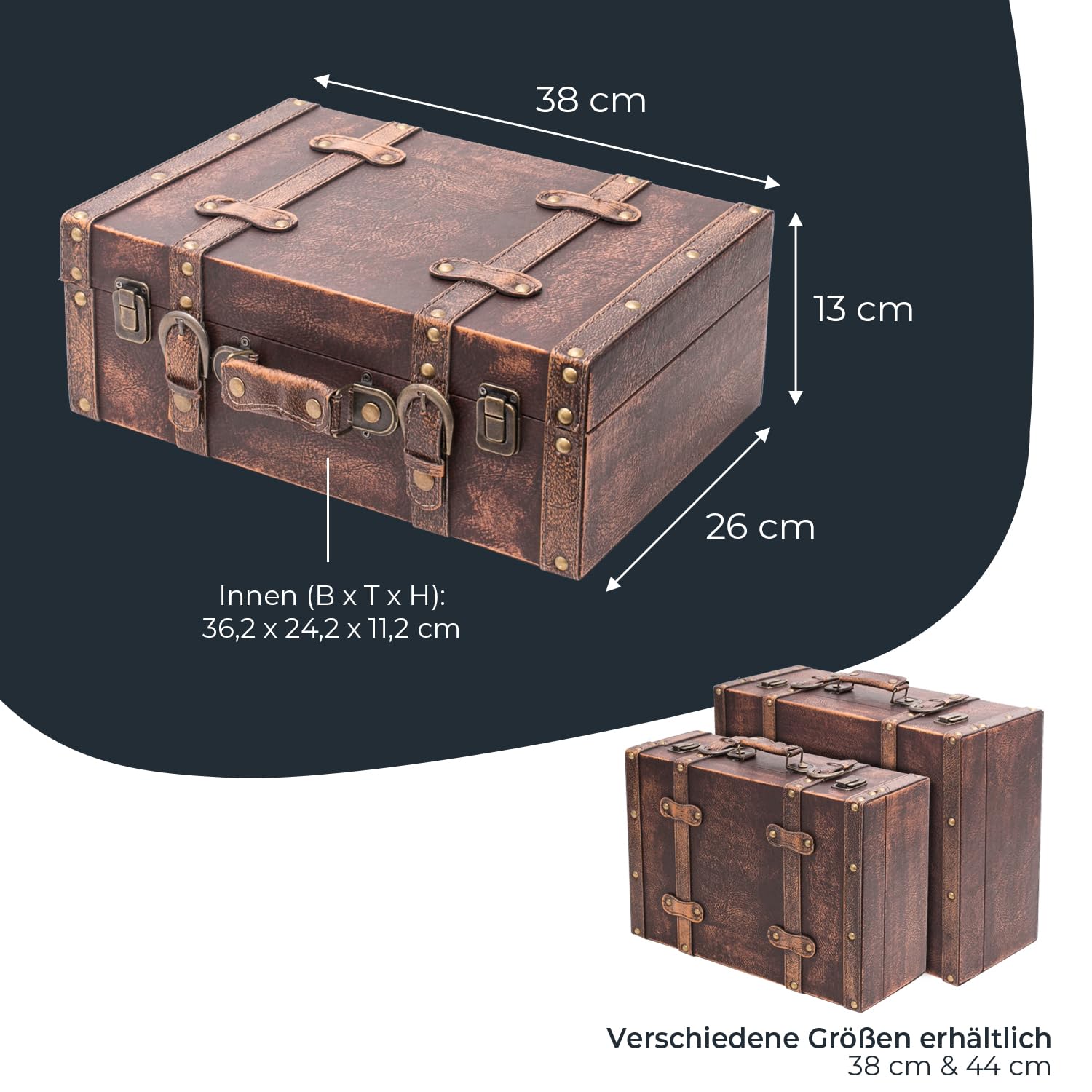 HMF Vintage Deko Koffer aus Holz, Aufbewahrungsbox mit Deckel und Ledergriff, stilvolle Aufbewahrung und Geschenkidee für Hochzeit oder Geburtstag | Klassik | 38 x 26 x 13 cm