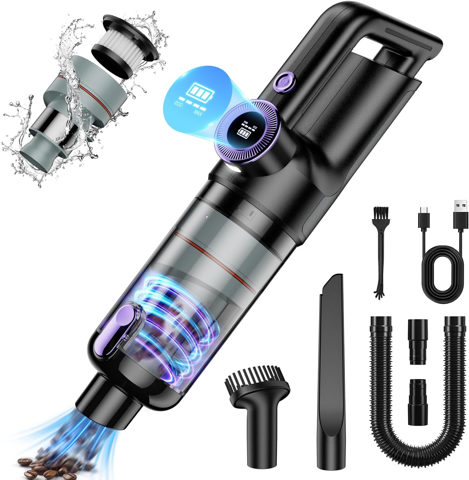 Cordless Handheld Vacuum - 16000PA Powerful Suction, Rechargeable, LED Light, HEPA Filter, For Car & Home