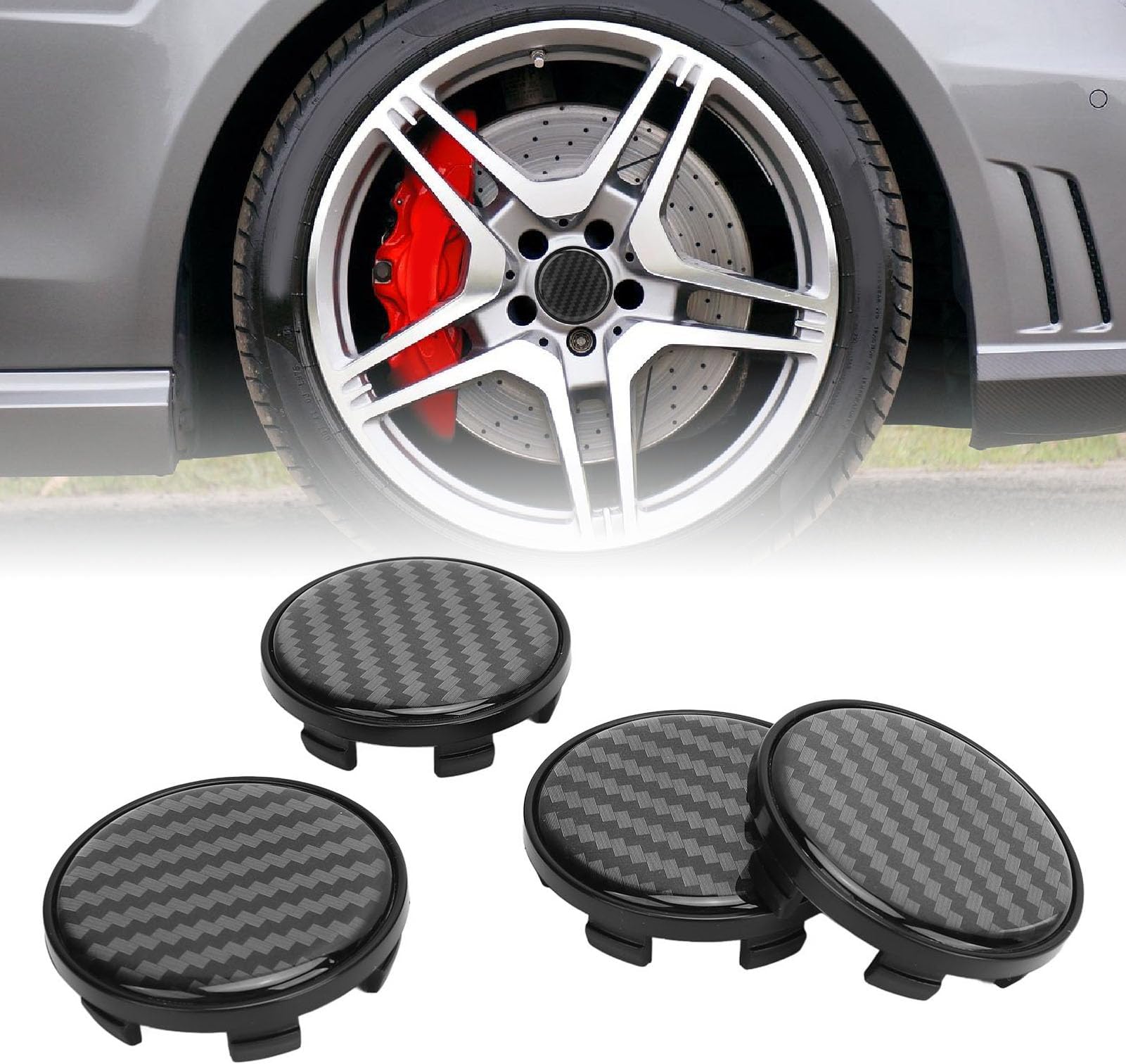 54mm Car Wheel Center Hub Kit, 4Pcs Carbon Pattern Wheel Tyre Rim Hub Cover with Elastic Stainless Iron Ring Buckle, Hubcaps Accessories for Vehicle