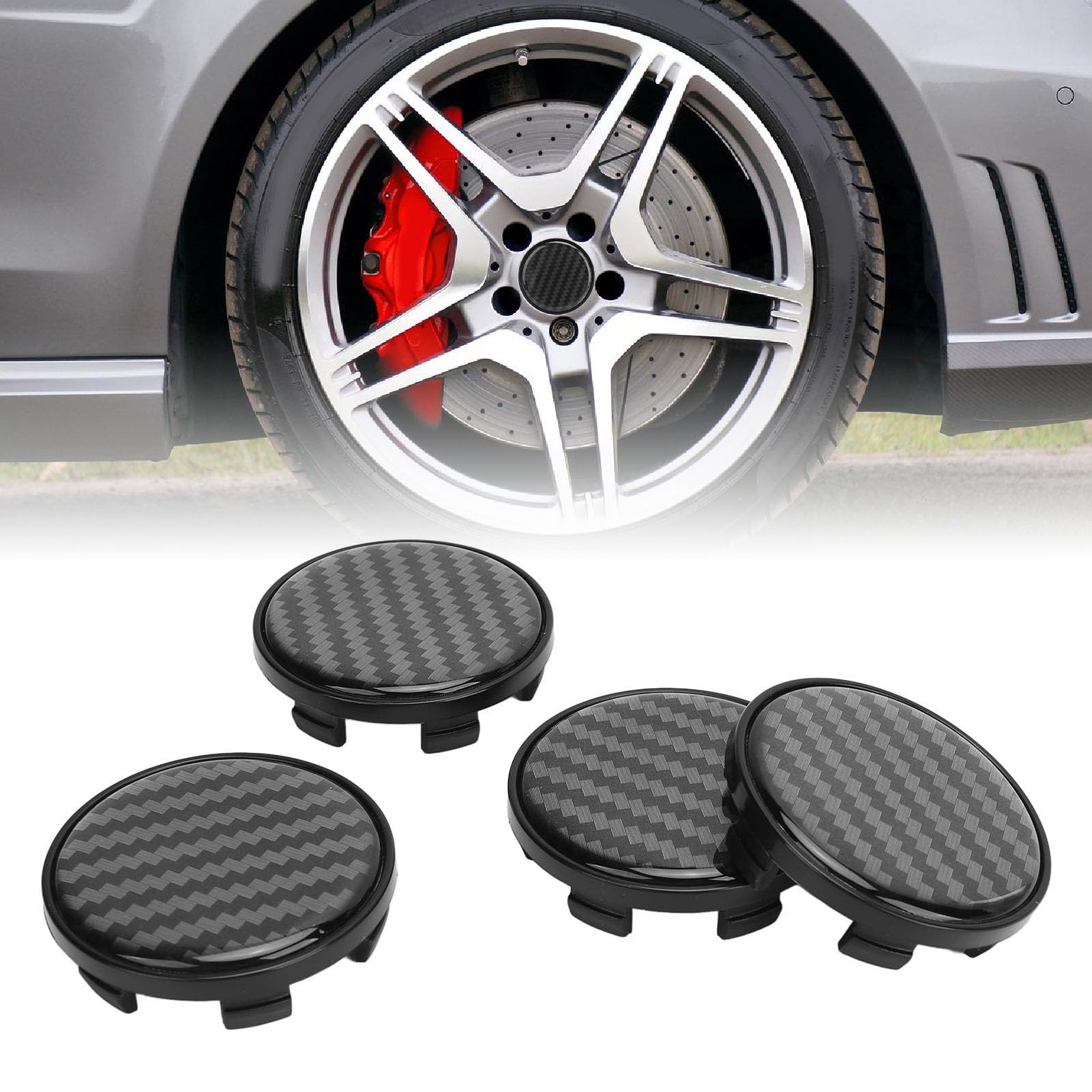 54mm Car Wheel Center Hub Kit, 4Pcs Carbon Pattern Wheel Tyre Rim Hub Cover with Elastic Stainless Iron Ring Buckle, Hubcaps Accessories for Vehicle