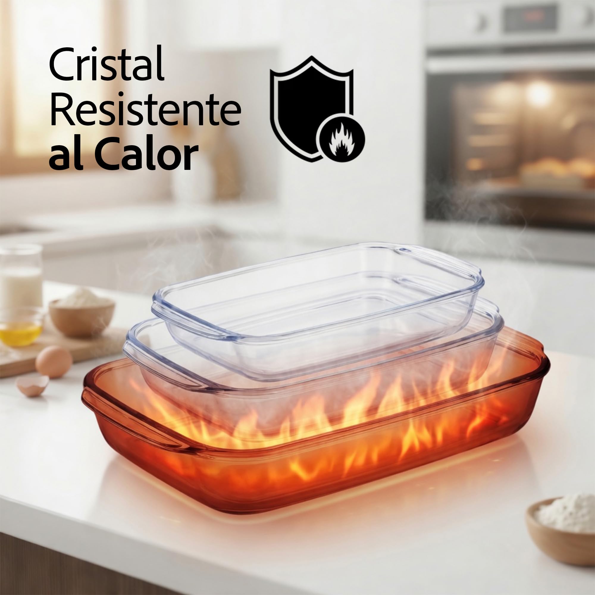 Bandejas de Horno Cristal, Set 3 Fuentes 1L, 1,6L y 2,2L | Aptas para horno, microondas y lavavajillas, cristal resistente al calor, hornear, asar y gratinar, de horno a mesa