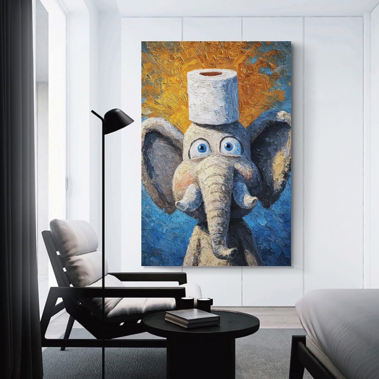 Junmoney Elephant with Toilet Paper Hat Canvas Wall Decor, 12x18inch(30x45cm), for Home Walls, Creative Rooms Or Shared Spaces, Stylish Home Artwork for Focal Walls