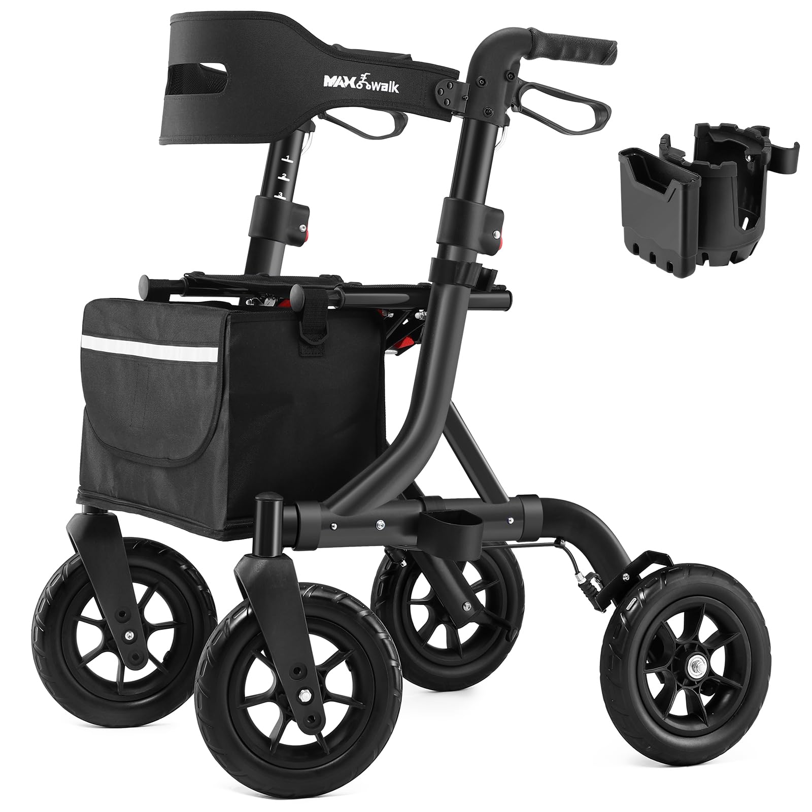 rollator walker for seniors, foldable all terrain rolling walker with seat, aluminum walkers with 10 inch rubber wheels, built-in cable, cup holder, adjustable handles and backrest for seniors, black