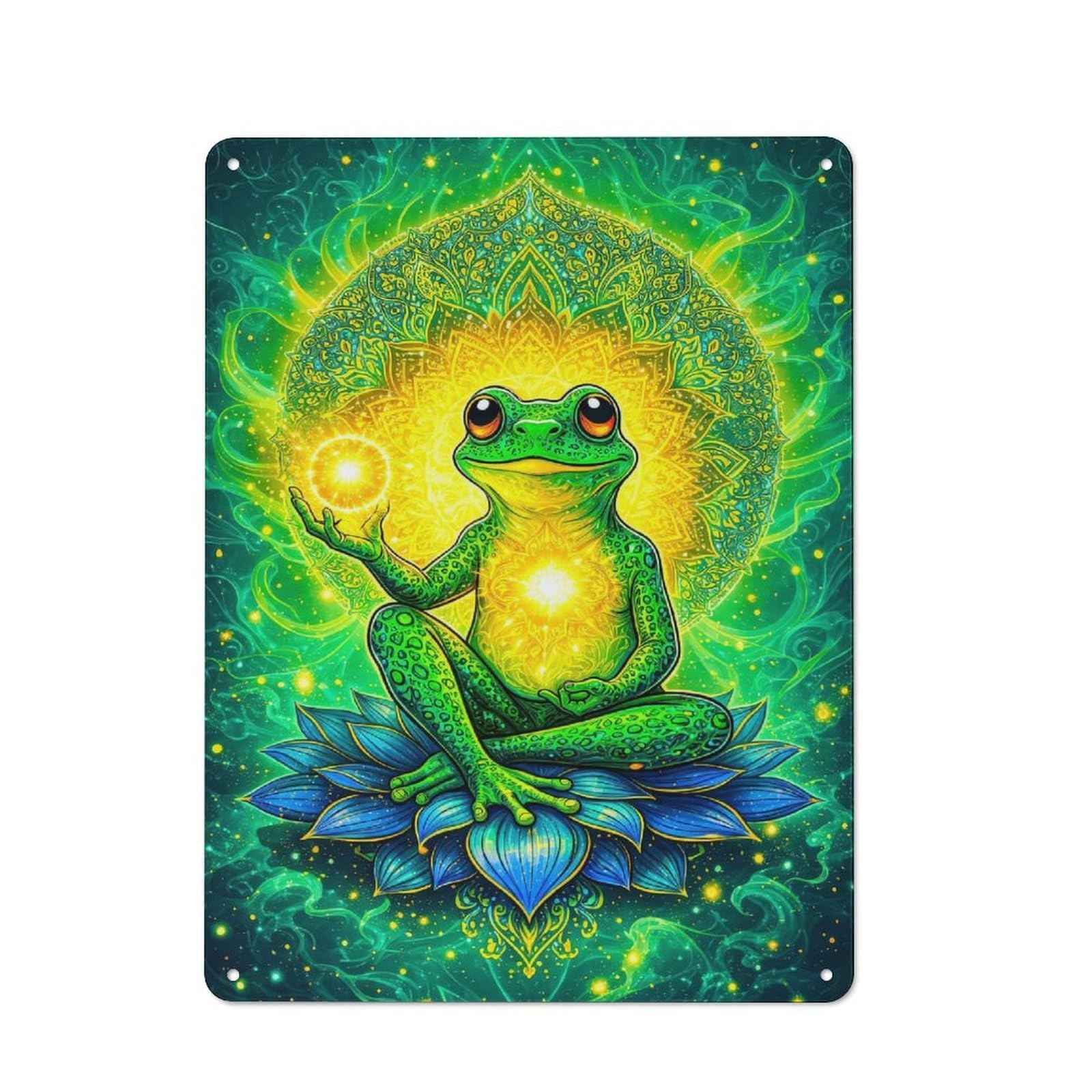 Junmoney Style-24 Meditating Frog With Cosmic Mandala Rustic Tin Sign 40X30cm For Pub Or Café, For Collectors Building A Themed Wall Display