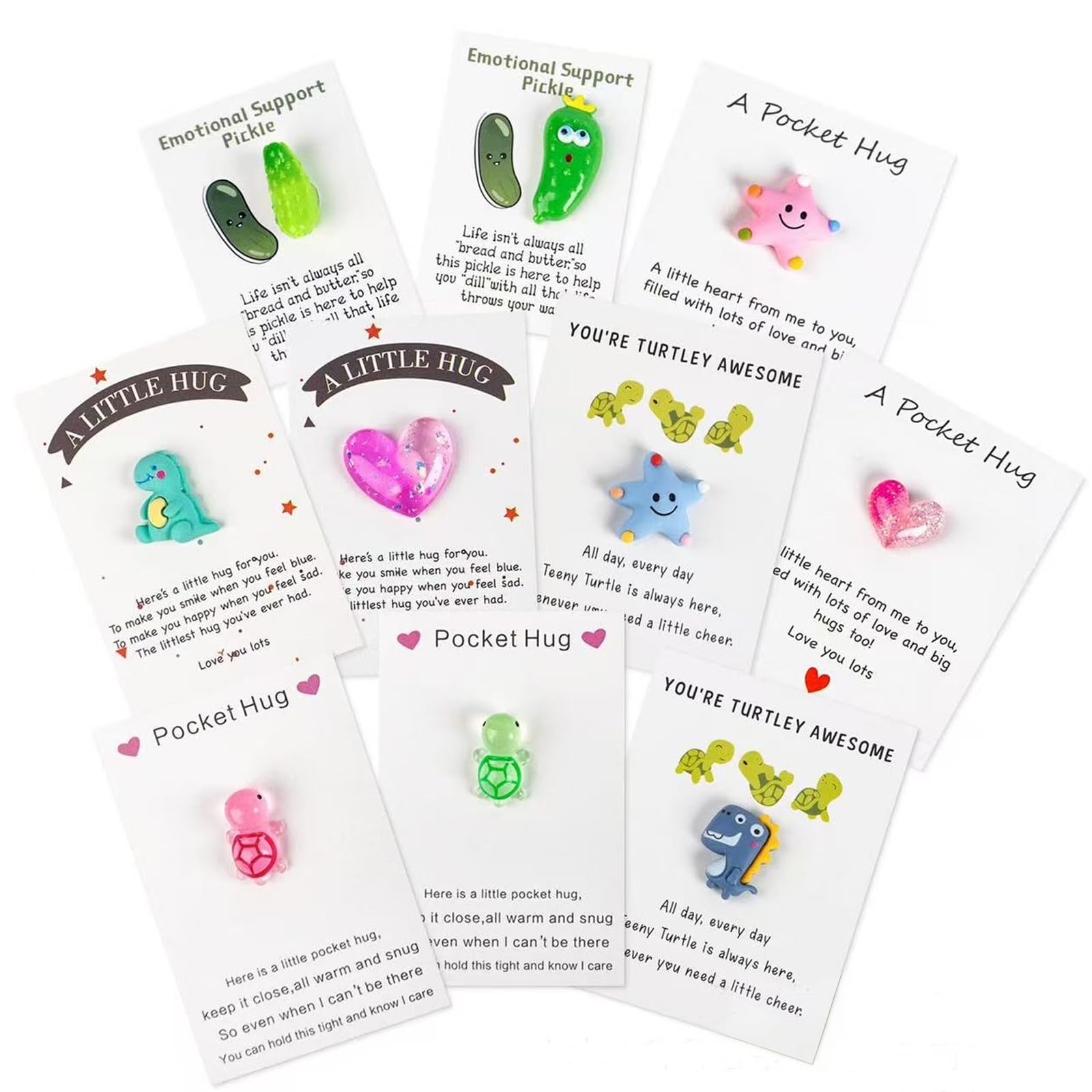 10Pcs Cute Resin Star Pocket Hugs with Cards Mini Loofah Turtle Decoration Positive Dinosaur Good Luck Gifts for Birthday New Year Valentines Thinking of You Gifts for Women Girls Friends Lovers