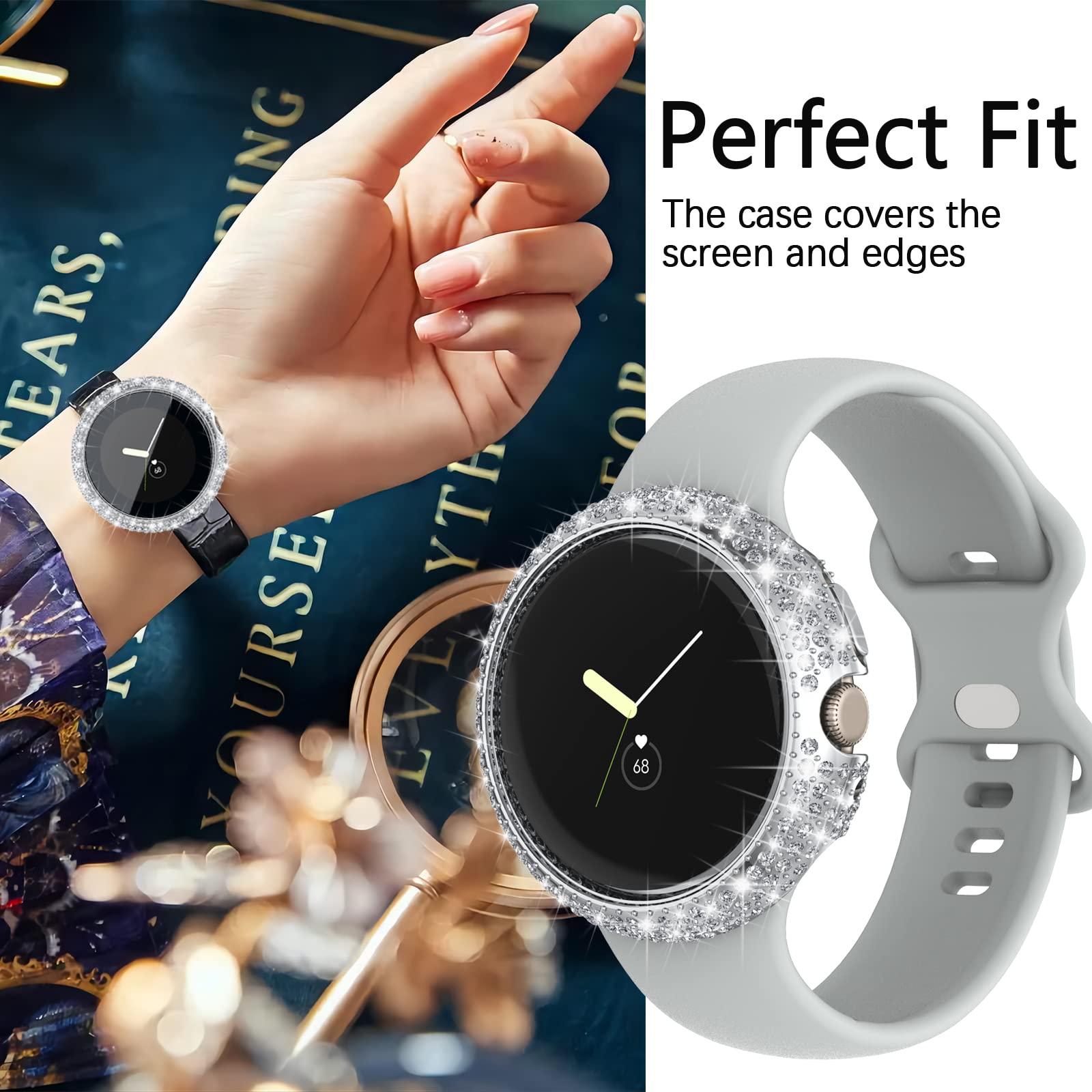 Wugongyan Case Compatible with Google Pixel 3 41mm/Pixel Watch 2/Pixel Watch Screen Protector Case Hard PC Full Bling Rhinestone All-Around Cover Built-in Tempered Glass Film Accessories (Silver)