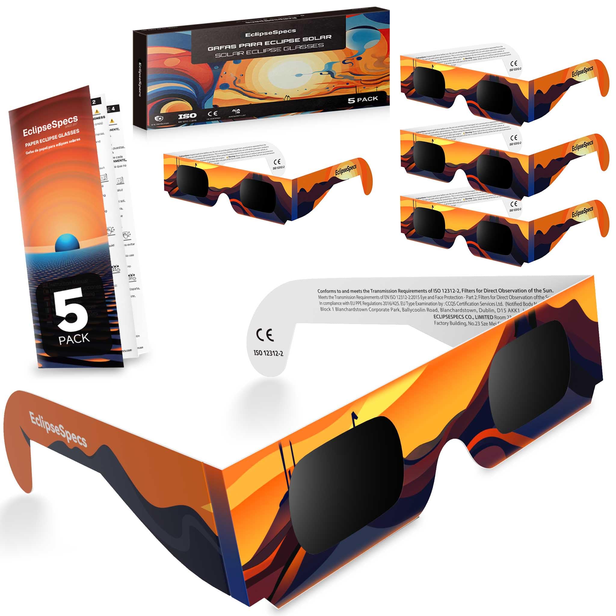 Paper Solar Eclipse Glasses (5 Pack) ISO 12312-2 and CE Certified for direct observation of the sun