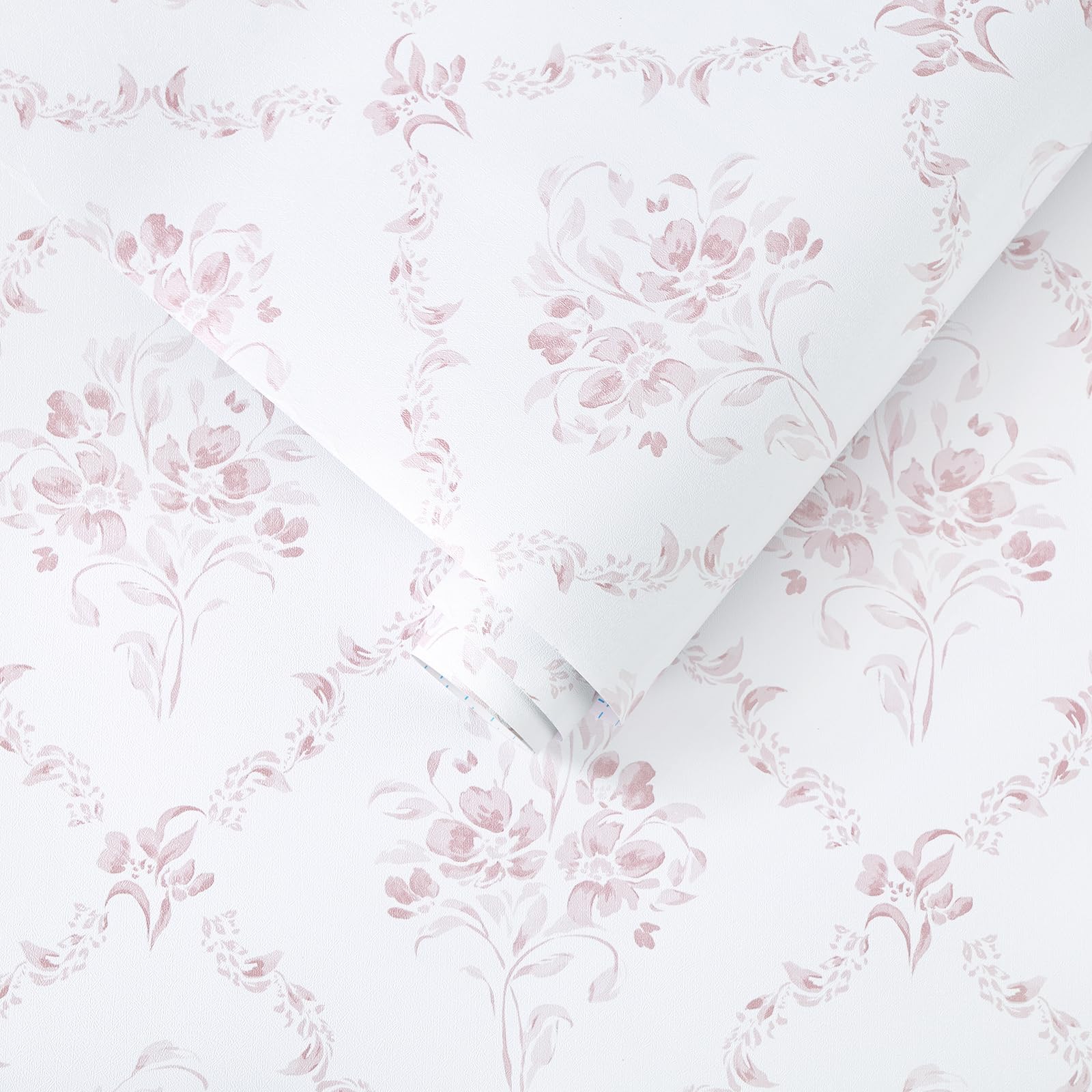 Timeet Peel and Stick Wallpaper 44CM x 3M Self Adhesive Wallpaper Floral Trellis Contact Paper Pink White Watercolor Vintage Damask Removable Vinyl Wrap for Bedroom Living Room Wall Decor Boho