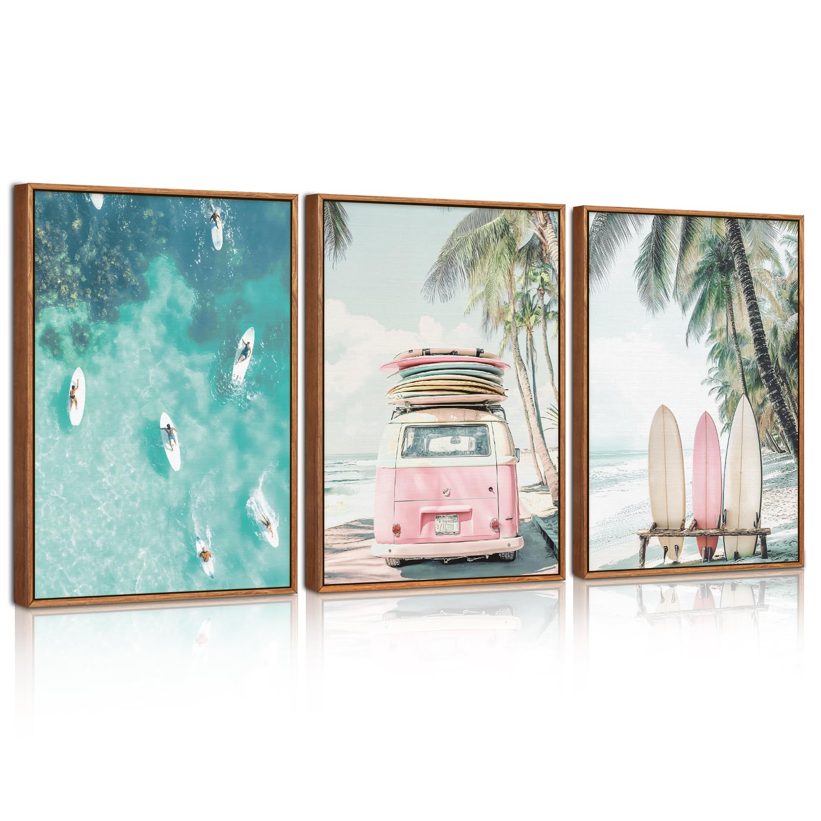ANHUIB Summer Surfboard Beach Framed Canvas Wall Art Set Modern Ocean Surfing Seascape Wall Decor Coastal Bus Coconut Tree Wall Painting Nature Botanical Art Prints for Living Room Bedroom 30×40cm