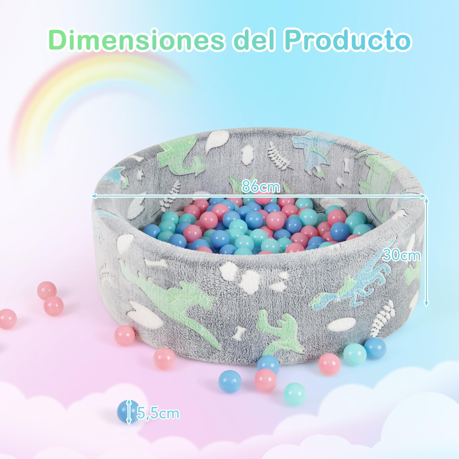 COSTWAY Piscina de Bolas para Bebé 86 x 30 cm, 200 Bolas de Color, Piscina Redonda Que Brilla en la Oscuridad de Espuma Suave para Divertirse en Interiores y Exteriores (Dinosario)