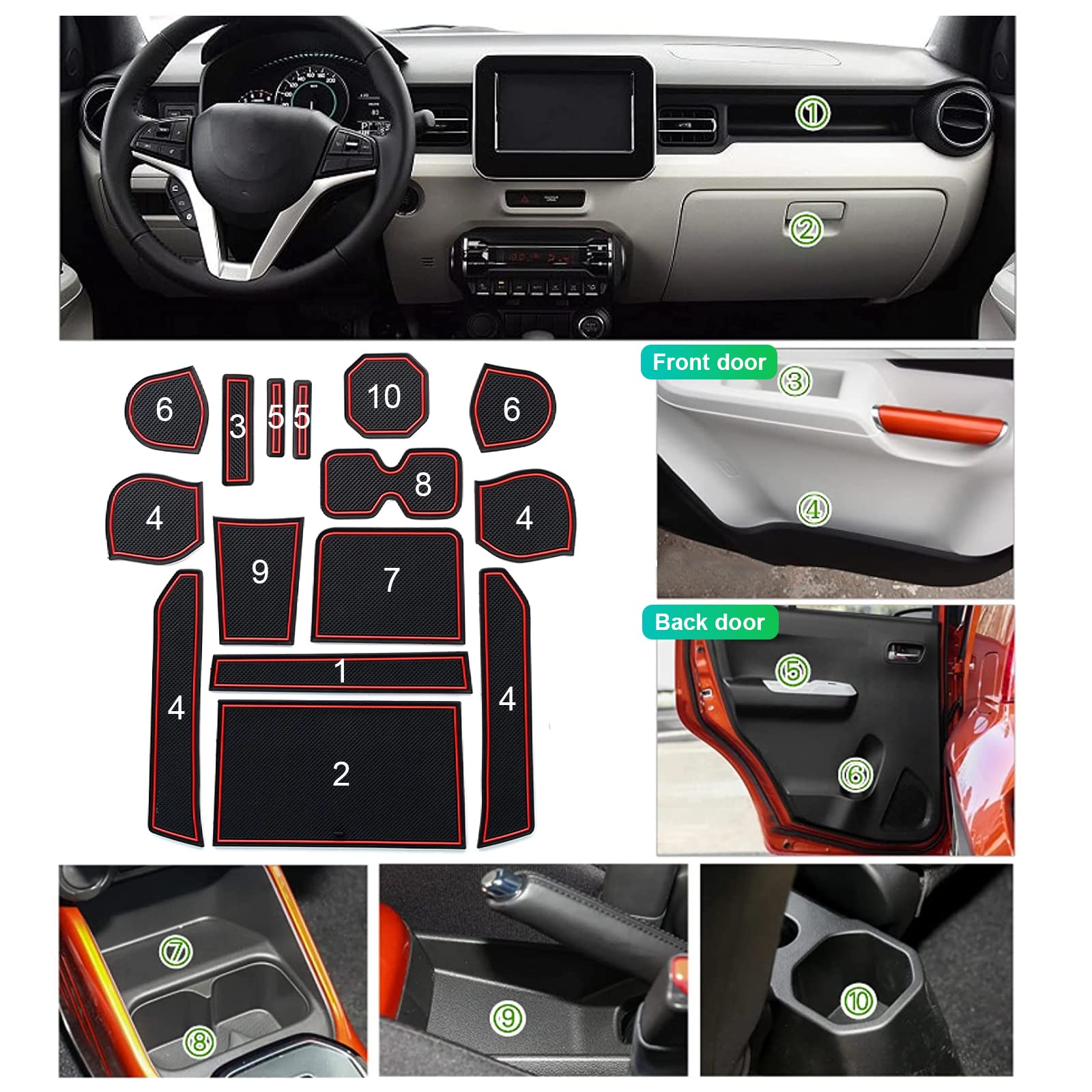 GAFAT Suzuki Ignis 2017-2024 2025 Tappetini Antiscivolo Console Centrale, Ignis 2025 Tappetino in Gomma, Portabicchiere, Contenitore Antiscivolo, Cuciture per Portiera, Suzuki Ignis Accessori (Rosso)