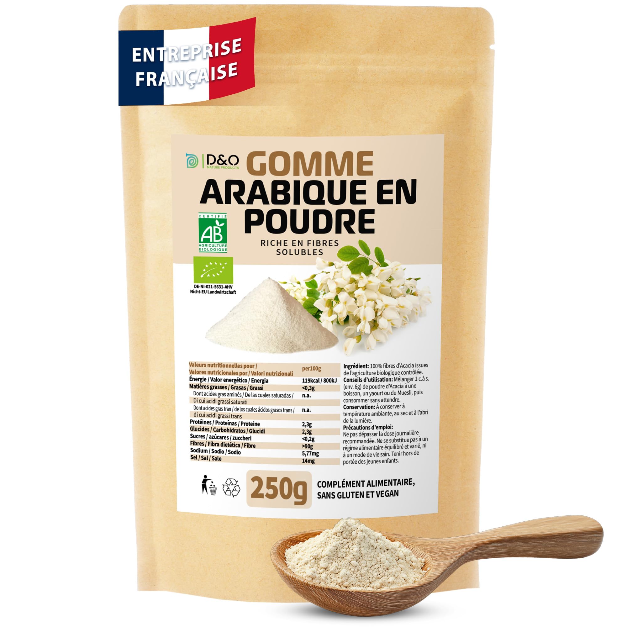 DETOX ORGANICA Gomme Arabique - 250g Fibres alimentaire d'acacia Bio | Poudre gomme arabique naturelle - Végétalien et bien toléré - Poudre de qualité premium