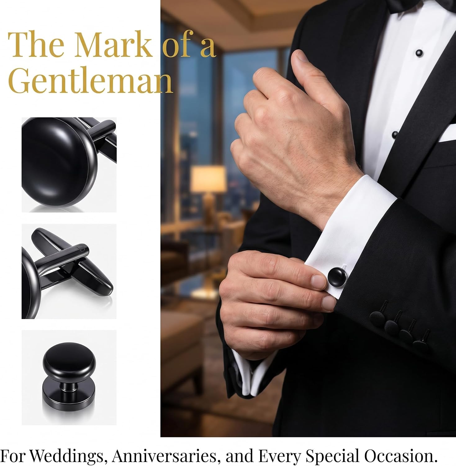 8 Pcs Cufflinks for Men Stainless Steel Tuxedo Studs, Classic Black Round Cuff Links and Tuxedo Shirt Stud Buttons for Men’s Formal Shirts, Business, Wedding, Prom and Formal Kit