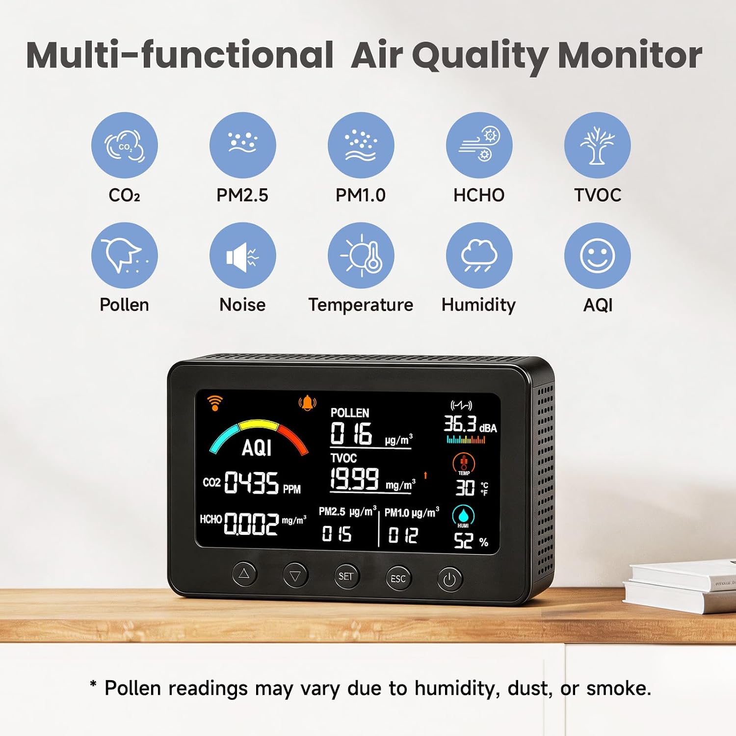AIRNERGY 12-in-1 Air Quality Monitor Indoor for Baby Nursery | Air quality tester for home. co2 monitor with decibel meter, TVOC, HCHO, PM1/2.5, Pollen, AQI, Temp, Humid. Free app & RS485