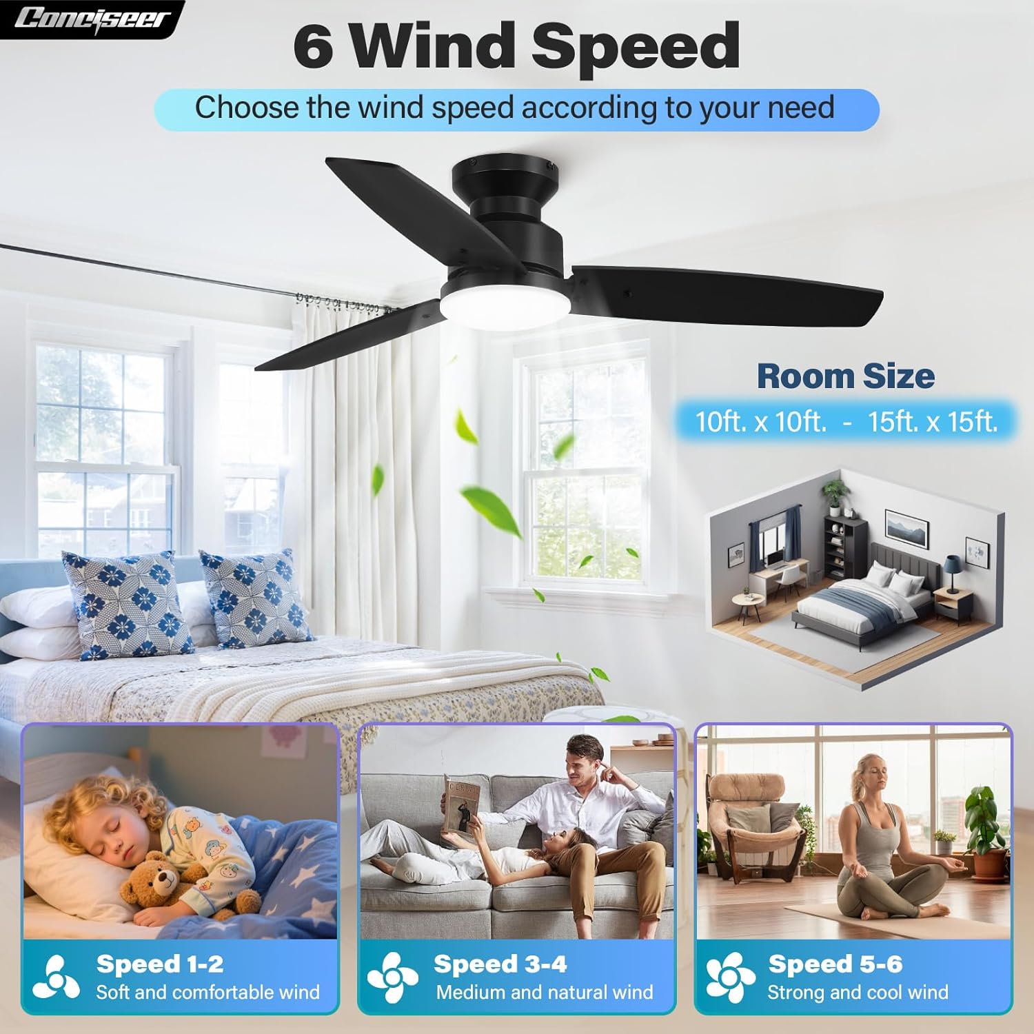 Modern 42 Inch Ceiling Fans with Lights and Remote, Bedroom Living Room Office, Flush Mount, 18W 3CCT Dimmable, Dual Color 3 Blades 6 Speed Reversible Quiet DC Motor, Black/Wood Grain