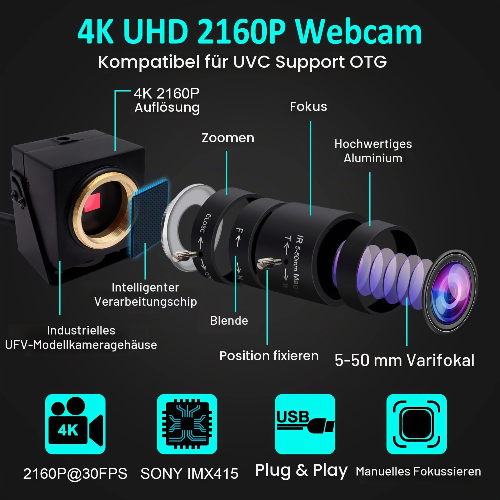 ELP USB Kamera 4K mit 5–50 mm 10-Fach optischem Zoomobjektiv 2160P OpenCV Nahaufnahme Zoom hinein und heraus Webkamera Videokonferenzkamera für Computer Laptop Jetson Nano Raspberry Pi